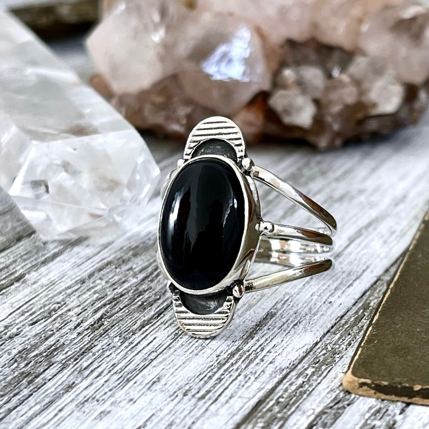Black Onyx Double Moon Crystal Ring in Solid Sterling Silver- Designed by FOXLARK Collection Size 6 7 8 9 10 11