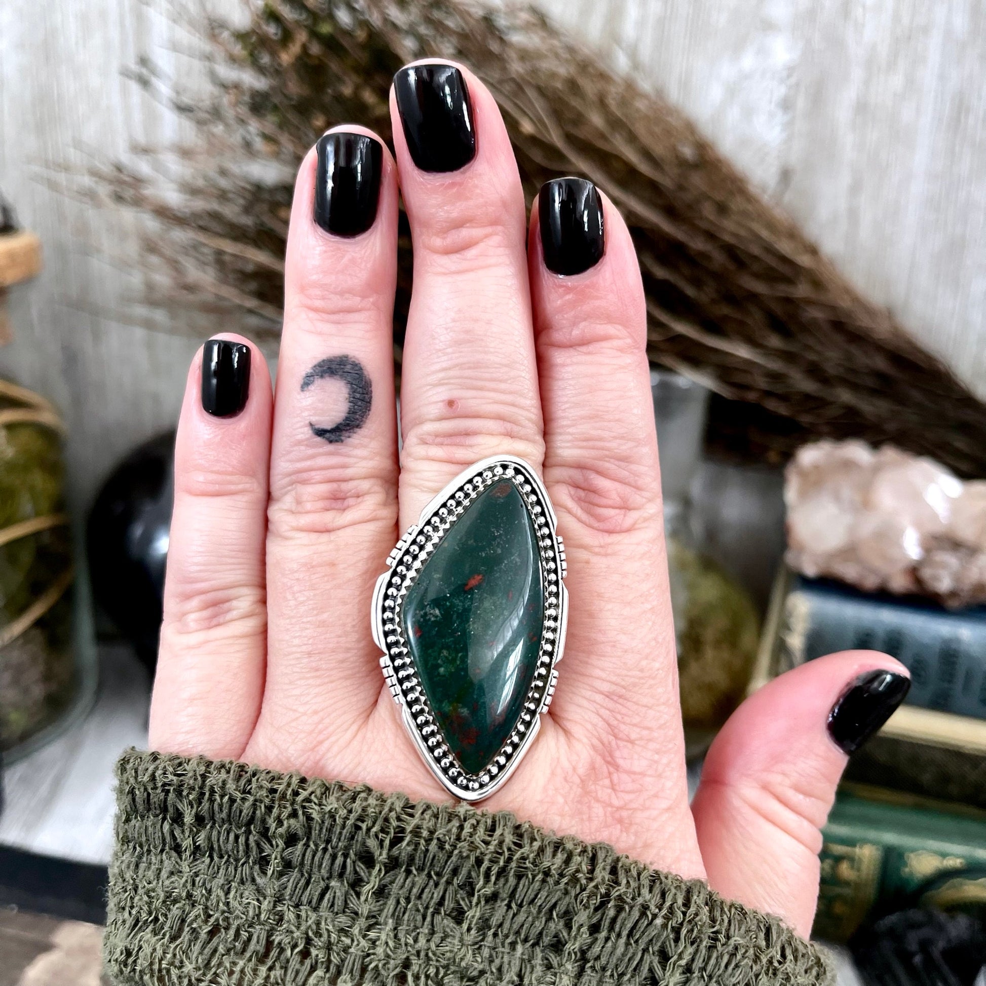Big Bloodstone Crystal Statement Ring in Sterling Silver - Designed by FOXLARK Collection Adjustable to Size 6 7 8 9 | Green Stone.
