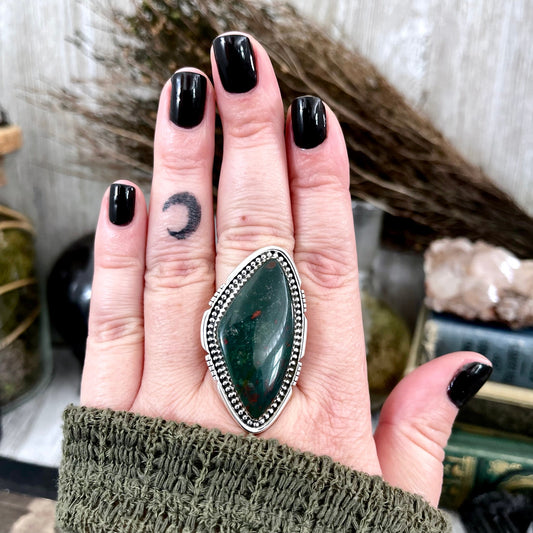 Big Bloodstone Crystal Statement Ring in Sterling Silver - Designed by FOXLARK Collection Adjustable to Size 6 7 8 9 | Green Stone.