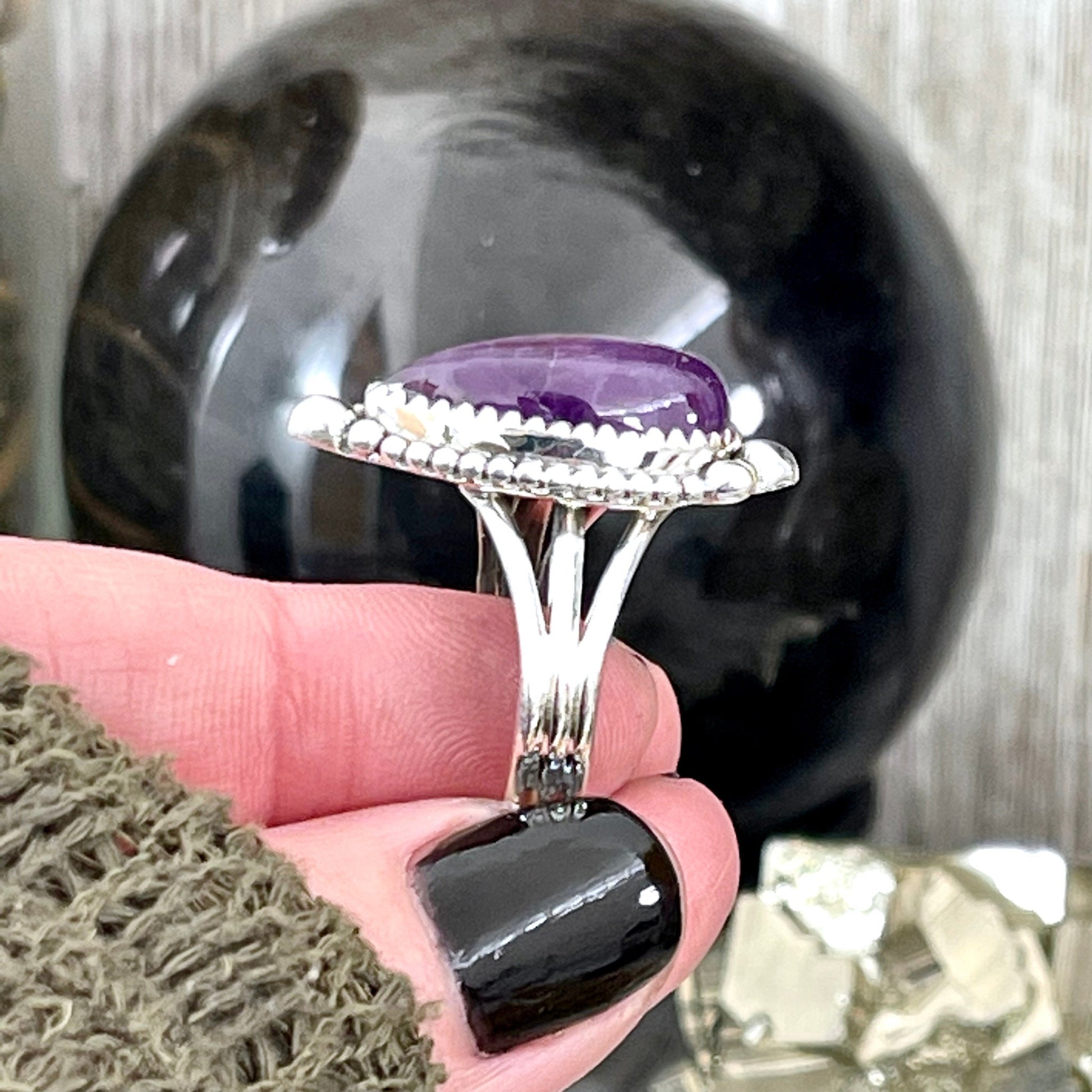 Purple Amethyst Teardrop Crystal Ring in Solid Sterling Silver- Designed by FOXLARK Collection Size 6 7 8 9 10 | Boho Purple Stone Ring - Foxlark Crystal Jewelry