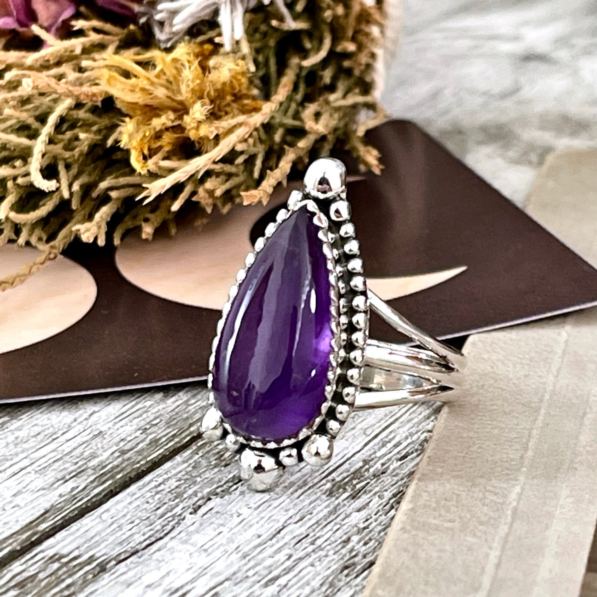 Purple Amethyst Teardrop Crystal Ring in Solid Sterling Silver- Designed by FOXLARK Collection Size 6 7 8 9 10 | Boho Purple Stone Ring - Foxlark Crystal Jewelry