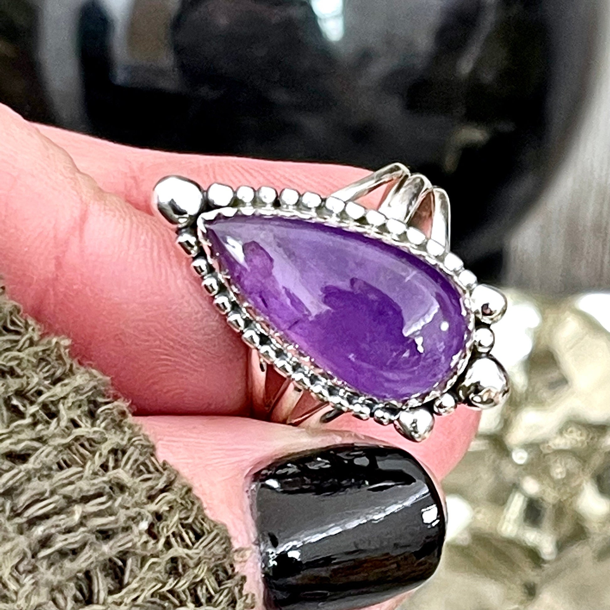 Purple Amethyst Teardrop Crystal Ring in Solid Sterling Silver- Designed by FOXLARK Collection Size 6 7 8 9 10 | Boho Purple Stone Ring - Foxlark Crystal Jewelry