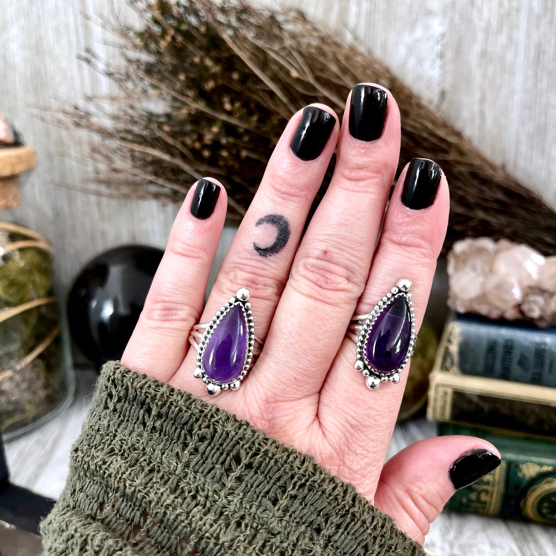 Purple Amethyst Teardrop Crystal Ring in Solid Sterling Silver- Designed by FOXLARK Collection Size 6 7 8 9 10 | Boho Purple Stone Ring - Foxlark Crystal Jewelry
