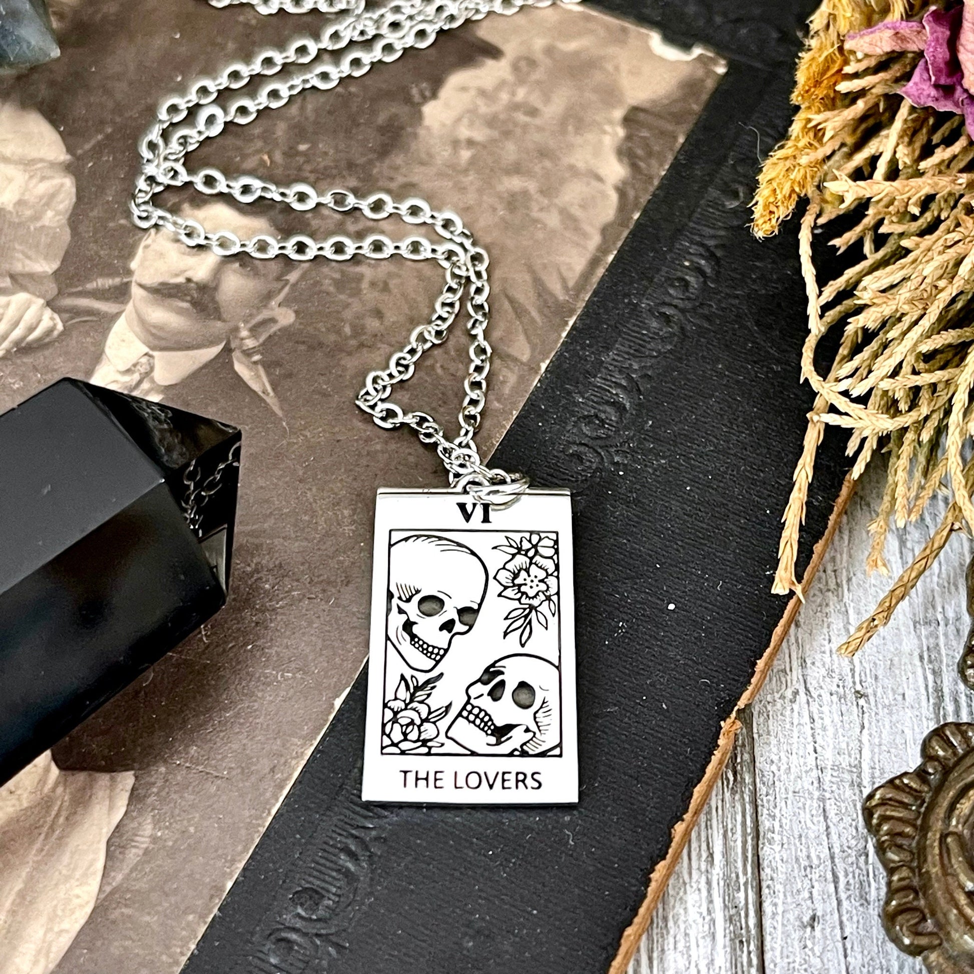 925 Sterling Silver, Etsy ID: 1403597695, Foxlark Alchemy, Gift for Woman, Gothic Jewelry, Jewelry, Necklace Pendant, Necklaces, Pendants, Skull Necklace, Skull Necklace Charm, Talisman Necklace, Tarot Card Necklace, The Lovers, TINY TALISMANS, Witch Jewe