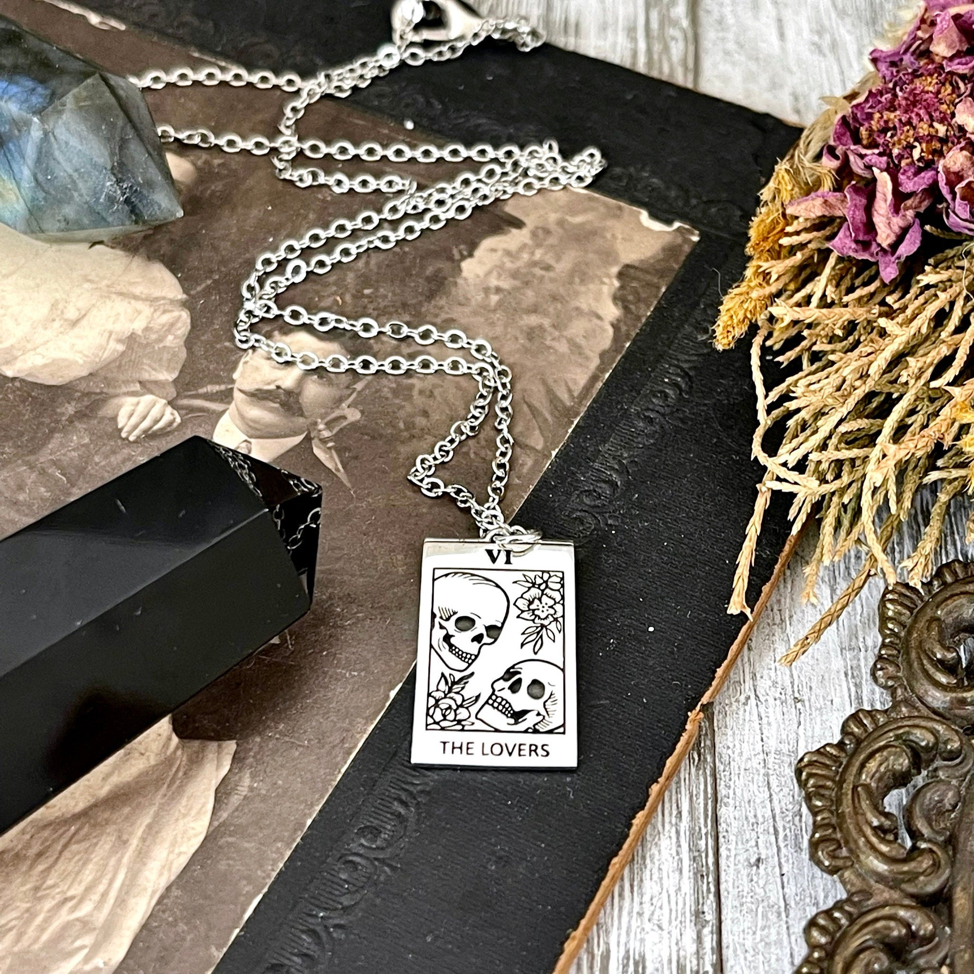 Tiny Talisman Collection - Sterling Silver Tarot Cart The Lovers Skull Necklace Charm 24x15mm / Curated Collection - Foxlark Crystal Jewelry