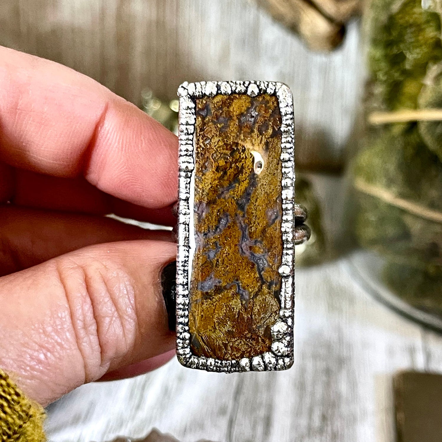 Big Size 8 Silver Natural Fancy Moss Agate Crystal Statement Ring / Foxlark Collection - One of a Kind
