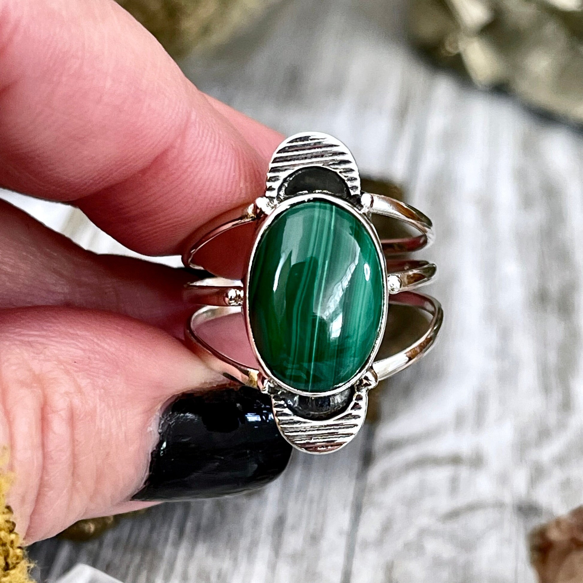 Green Malachite Double Moon Crystal Ring in Solid Sterling Silver- Designed by FOXLARK Collection Size 6 7 8 9 10 11 / Gothic Jewelry - Foxlark Crystal Jewelry
