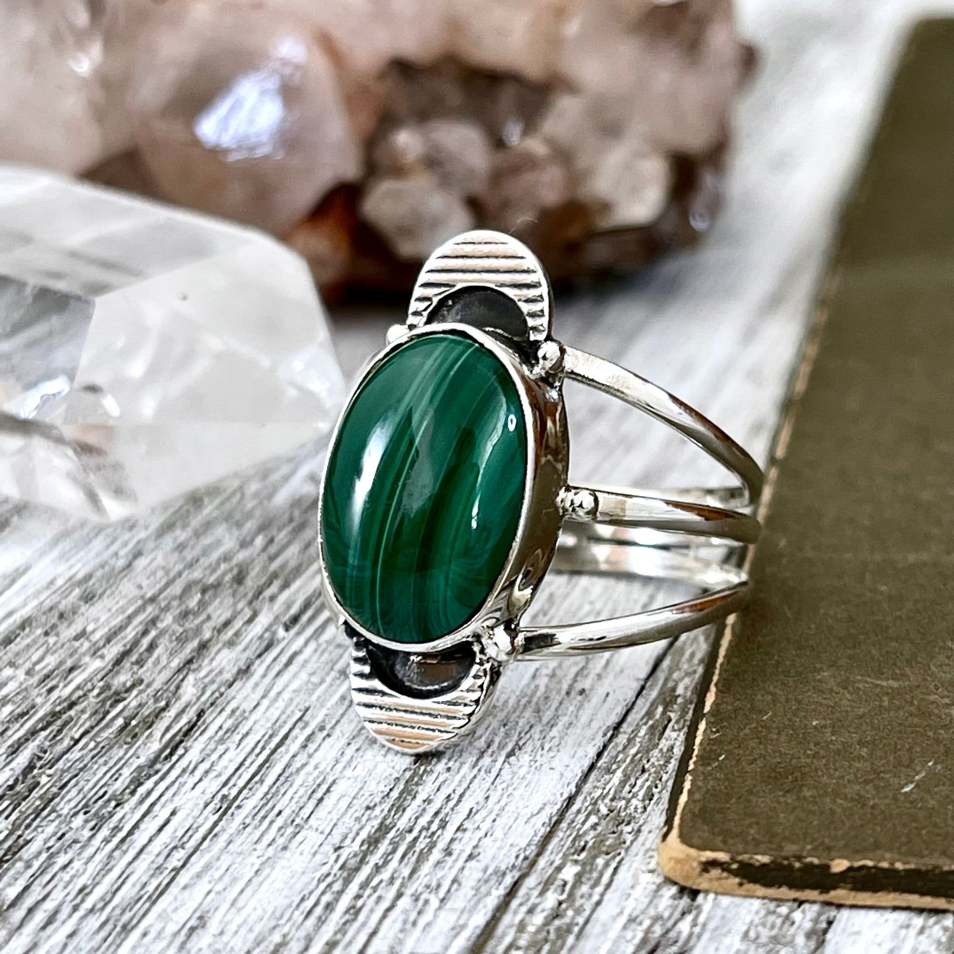 Green Malachite Double Moon Crystal Ring in Solid Sterling Silver- Designed by FOXLARK Collection Size 6 7 8 9 10 11 / Gothic Jewelry - Foxlark Crystal Jewelry