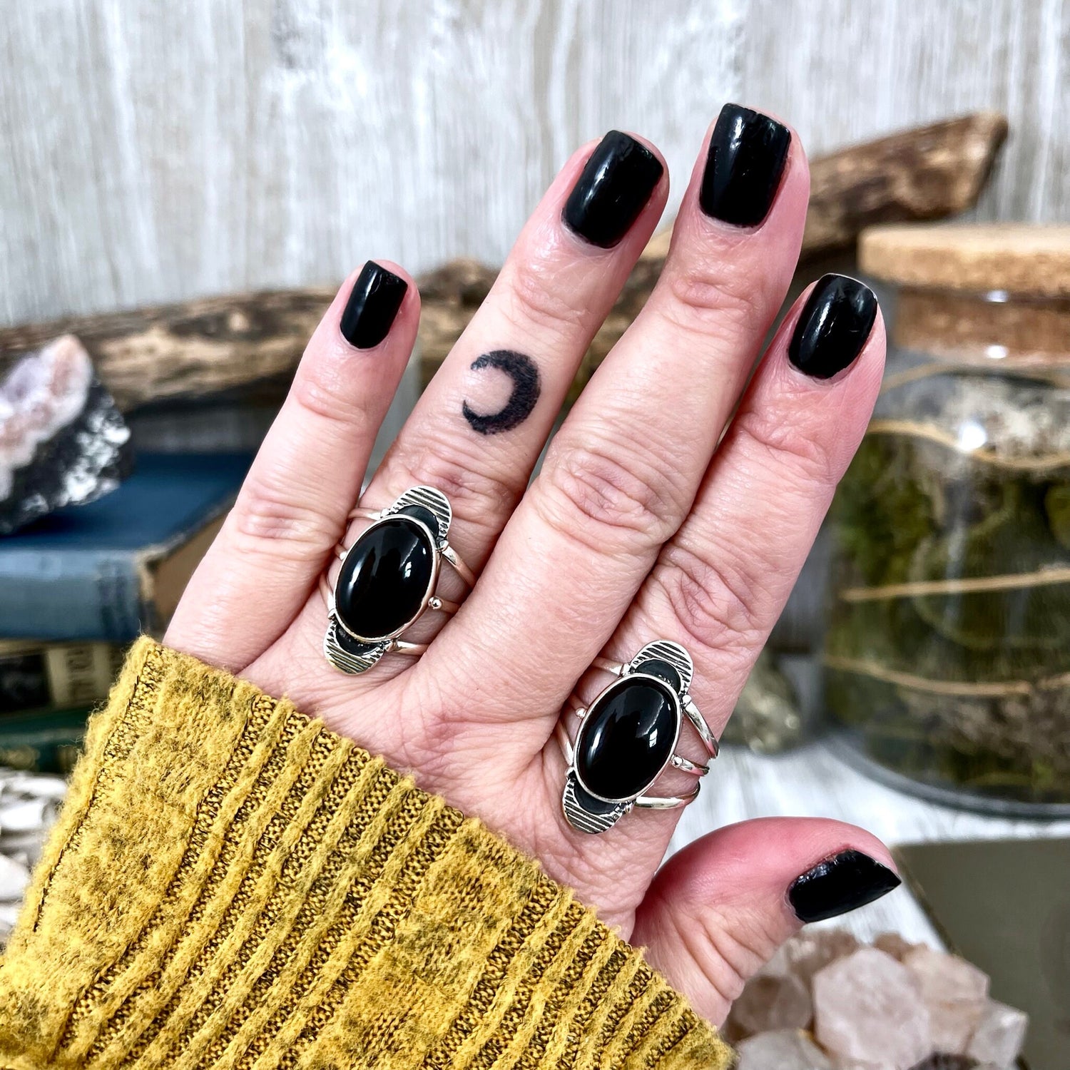Black Onyx Double Moon Crystal Ring in Solid Sterling Silver- Designed by FOXLARK Collection Size 6 7 8 9 10 11