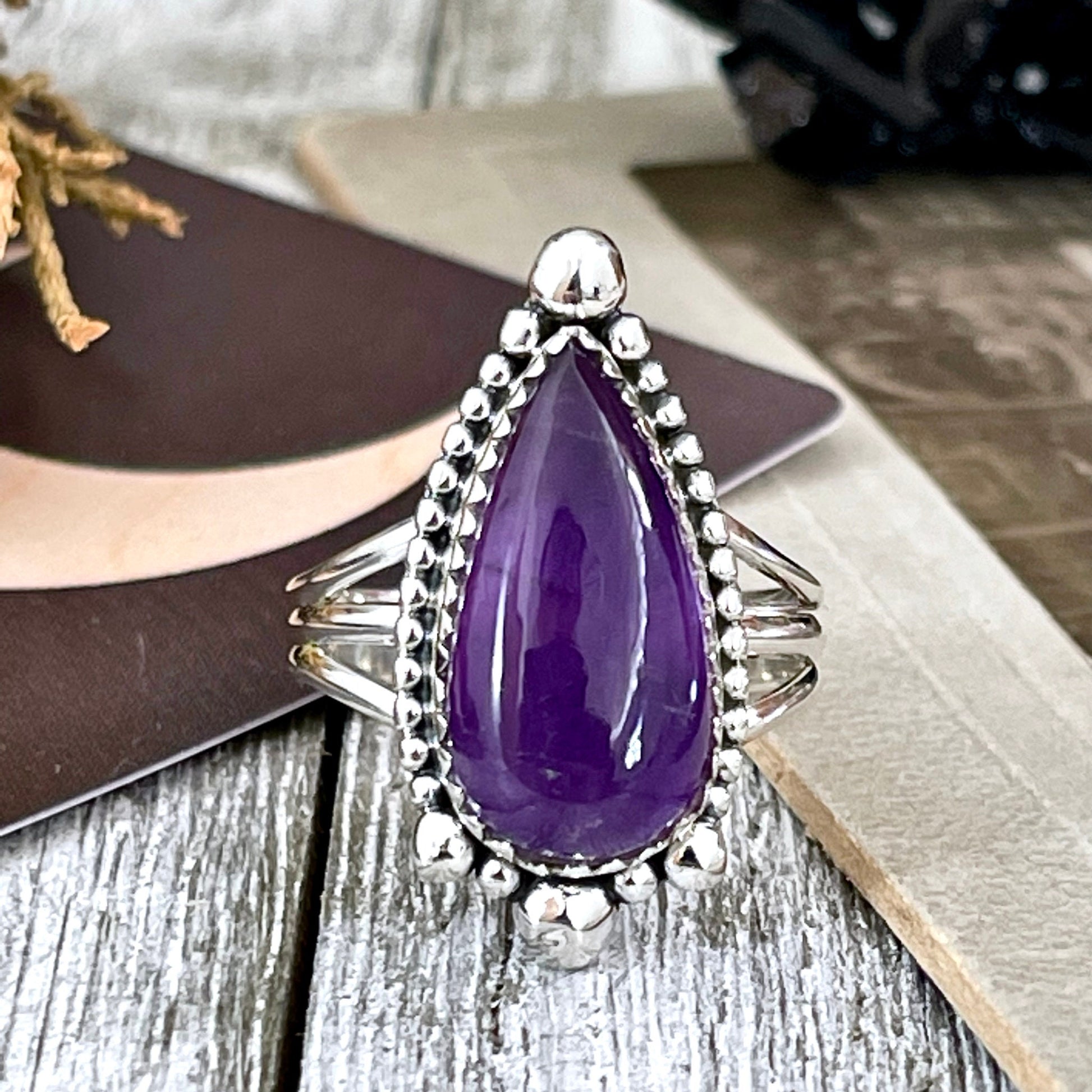Purple Amethyst Teardrop Crystal Ring in Solid Sterling Silver- Designed by FOXLARK Collection Size 6 7 8 9 10 | Boho Purple Stone Ring - Foxlark Crystal Jewelry