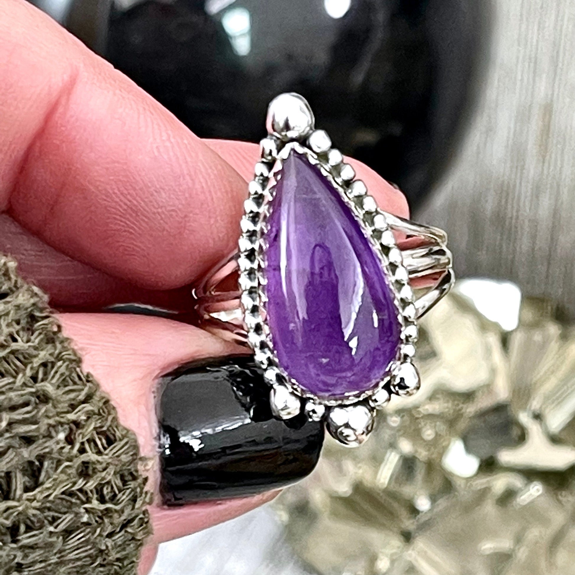 Purple Amethyst Teardrop Crystal Ring in Solid Sterling Silver- Designed by FOXLARK Collection Size 6 7 8 9 10 | Boho Purple Stone Ring - Foxlark Crystal Jewelry