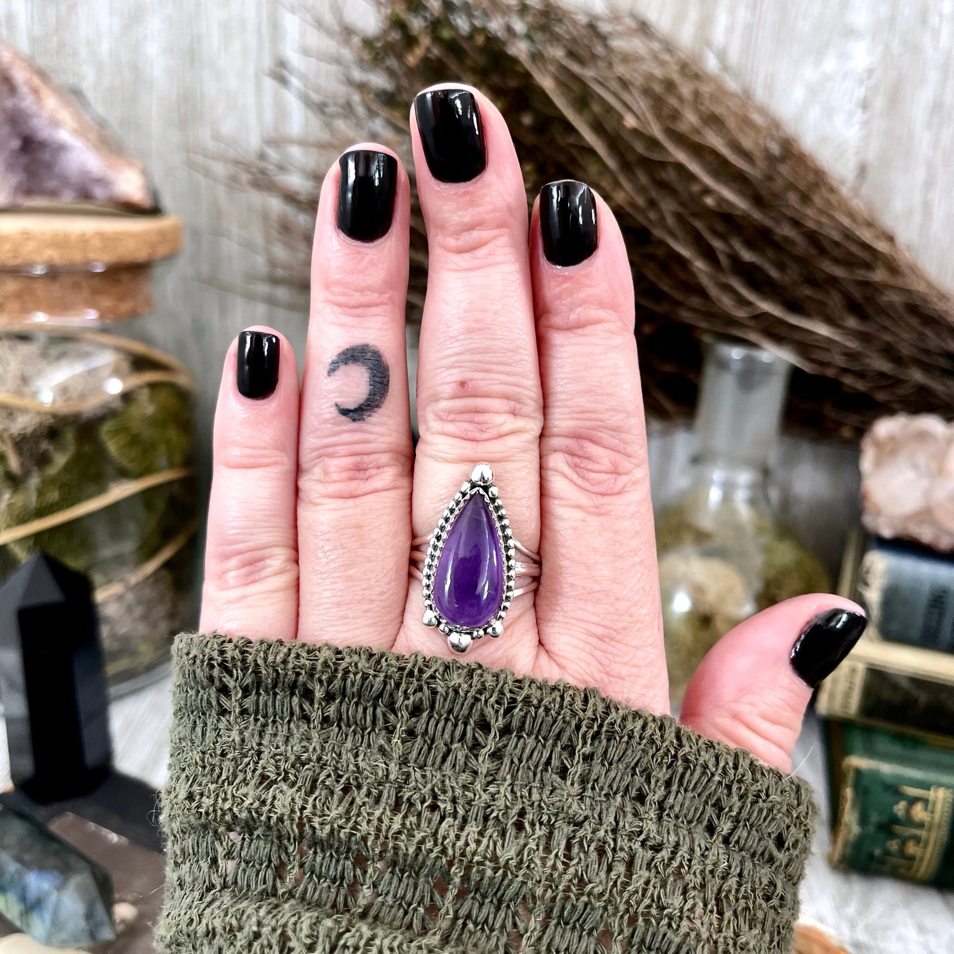 Purple Amethyst Teardrop Crystal Ring in Solid Sterling Silver- Designed by FOXLARK Collection Size 6 7 8 9 10 | Boho Purple Stone Ring - Foxlark Crystal Jewelry