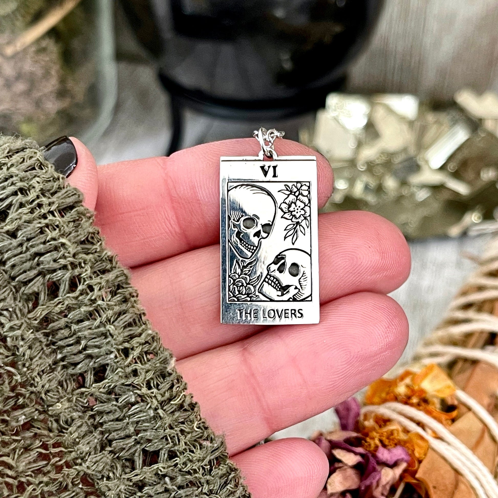 Tiny Talisman Collection - Sterling Silver Tarot Cart The Lovers Skull Necklace Charm 24x15mm / Curated Collection - Foxlark Crystal Jewelry