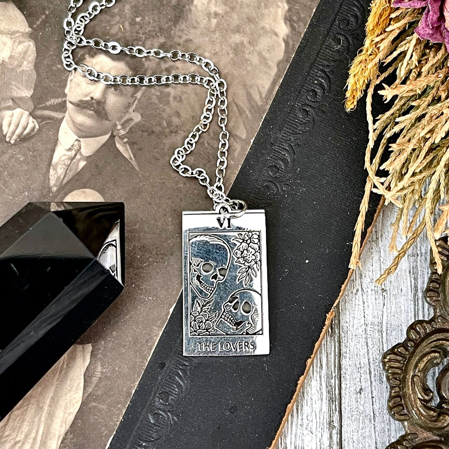 925 Sterling Silver, Etsy ID: 1403597695, Foxlark Alchemy, Gift for Woman, Gothic Jewelry, Jewelry, Necklace Pendant, Necklaces, Pendants, Skull Necklace, Skull Necklace Charm, Talisman Necklace, Tarot Card Necklace, The Lovers, TINY TALISMANS, Witch Jewe