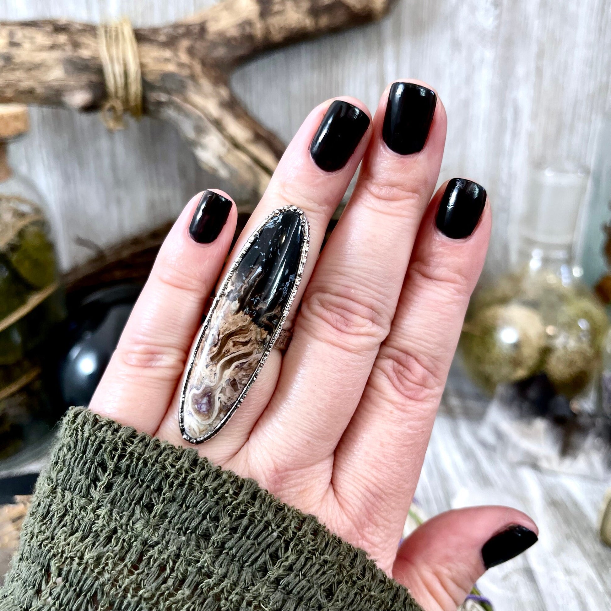 Unique Size 6.5 Large Fossilized Palm Root Statement Ring in Fine Silver / Foxlark Collection - One of a Kind - Foxlark Crystal Jewelry