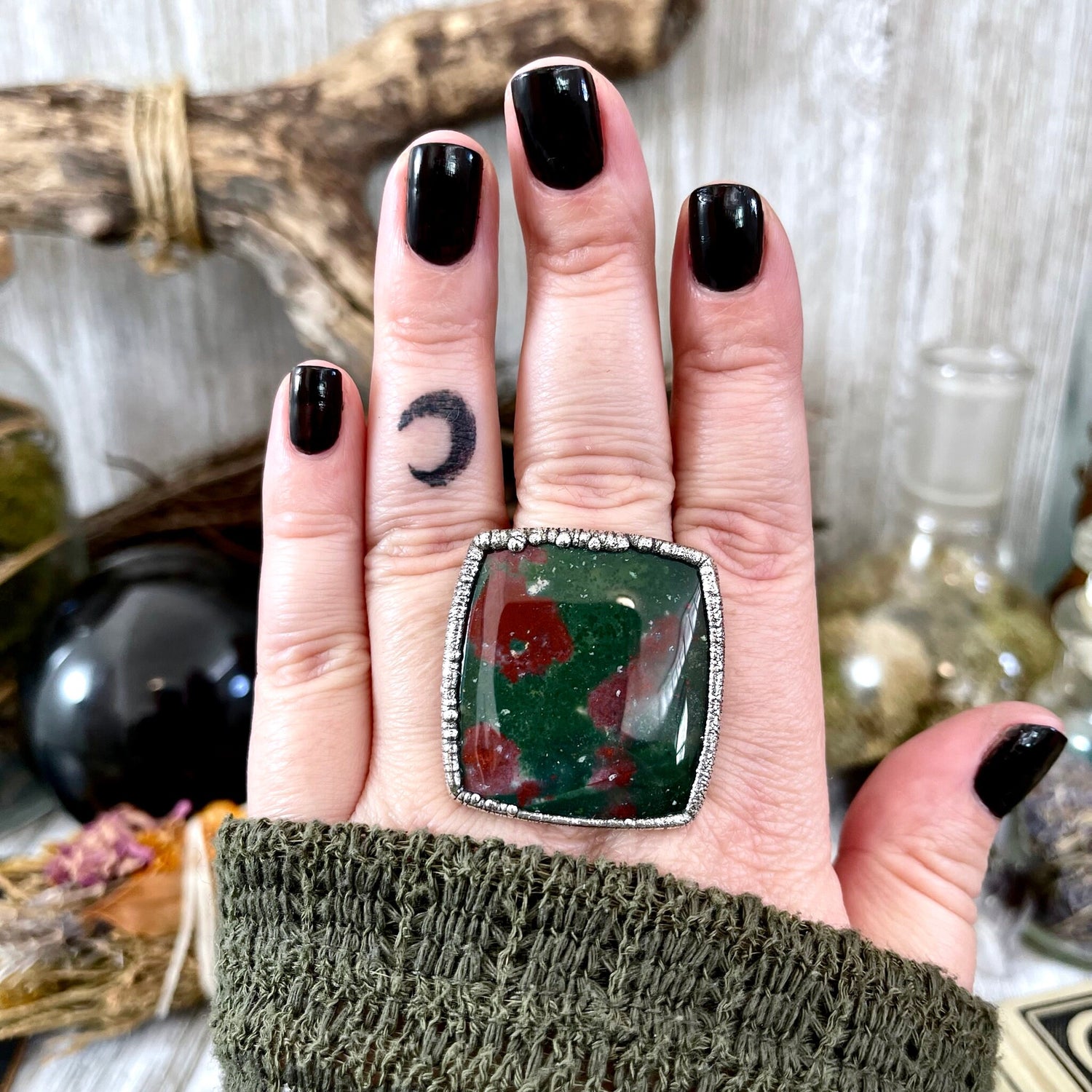 Big Size 11 Natural Bloodstone Statement Ring In Fine Silver / Foxlark Collection - One of a Kind