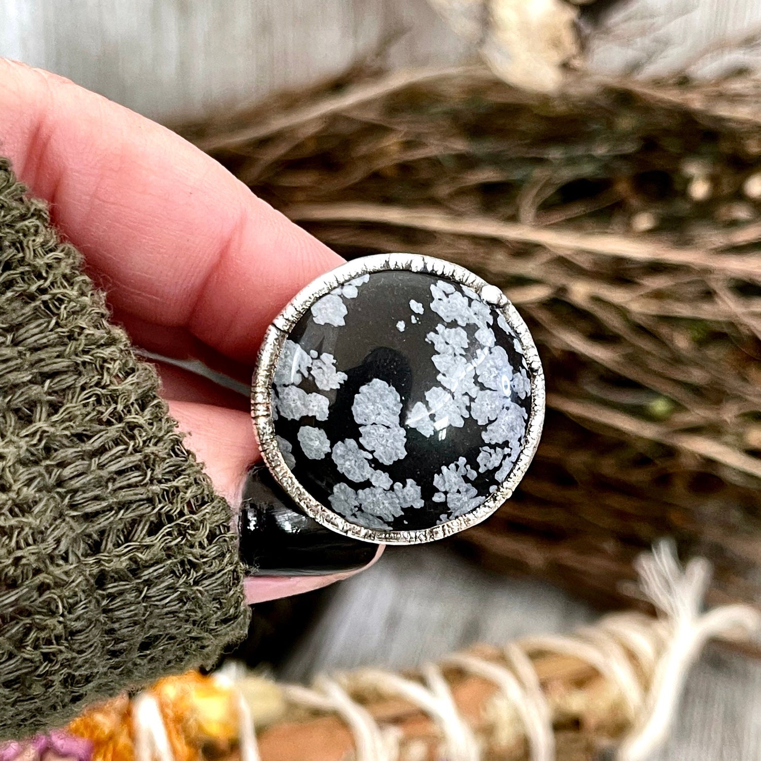 Size 6.5 Snowflake Obsidian Ring in Fine Silver / Foxlark Collection - One of a Kind
