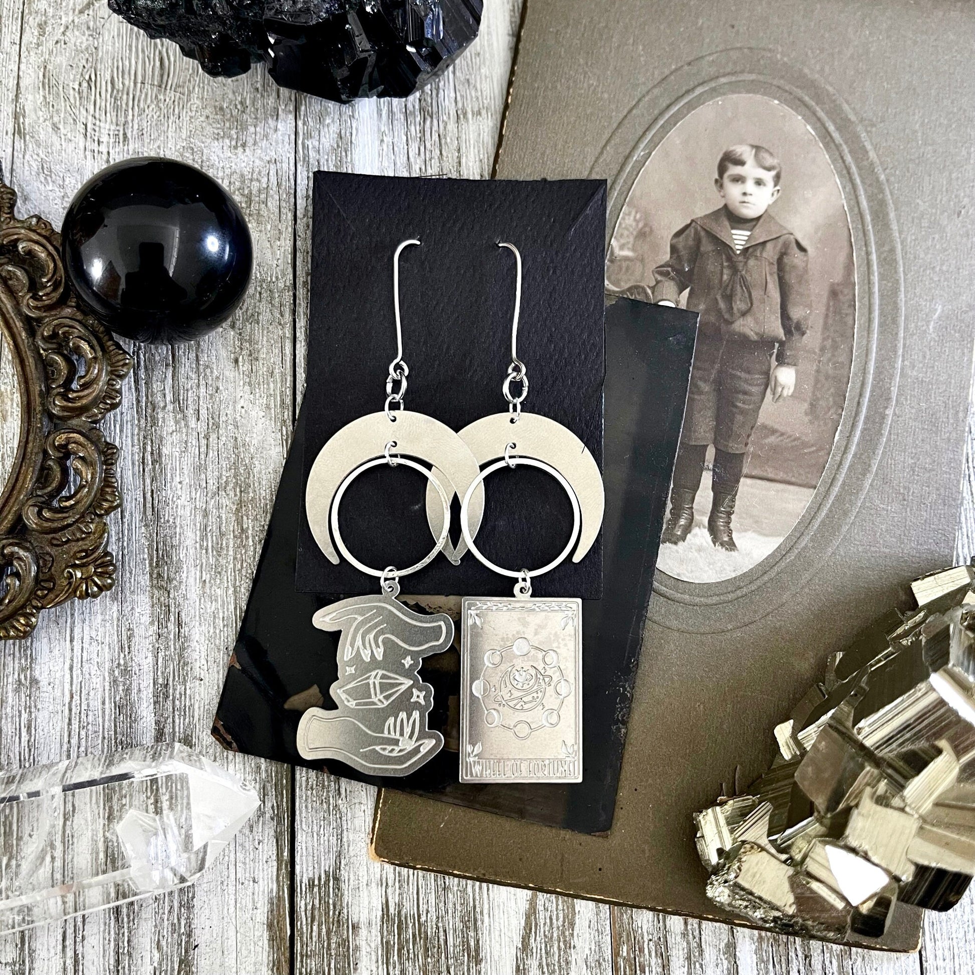 Mismatch Crescent Moon Earrings Witchy Tarot Card Crystal Sterling Silver & Stainless Steel Earrings /  Long Dangly Goth Witch Jewelry.