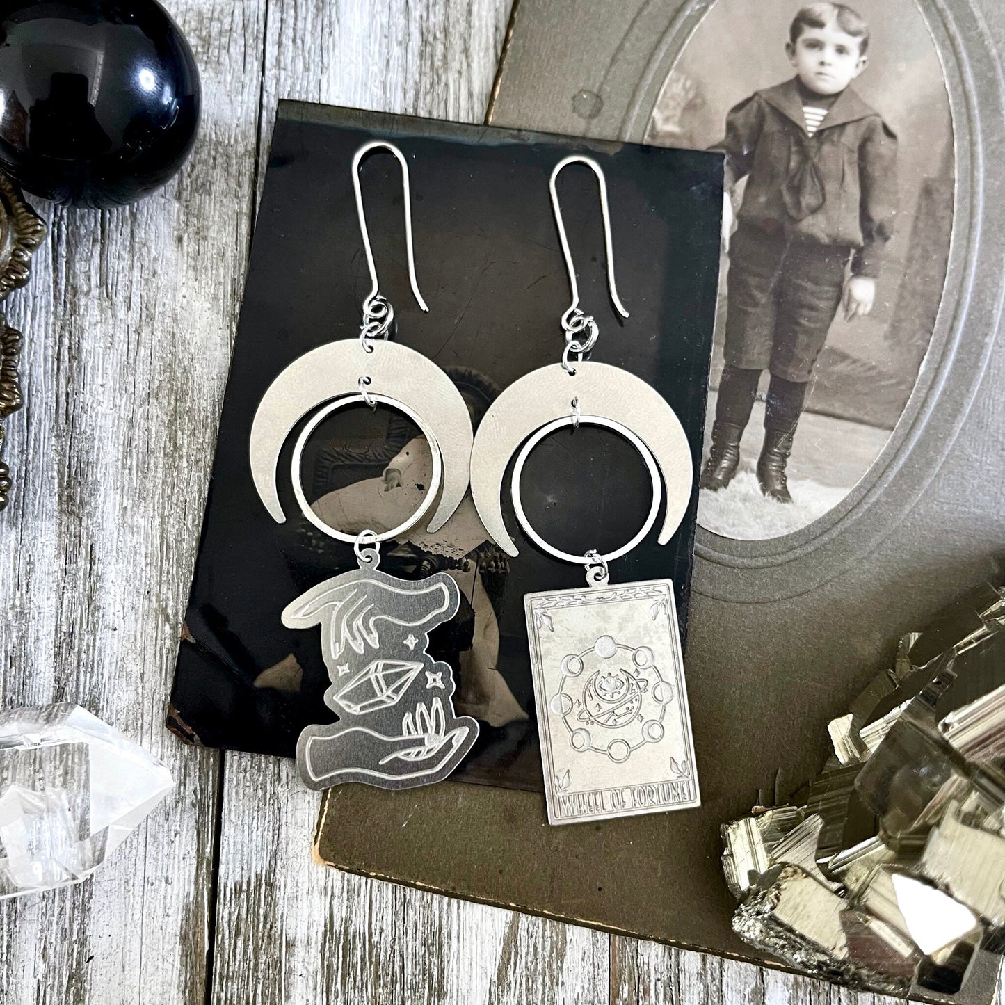 Mismatch Crescent Moon Earrings Witchy Tarot Card Crystal Sterling Silver & Stainless Steel Earrings /  Long Dangly Goth Witch Jewelry.
