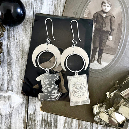 Mismatch Crescent Moon Earrings Witchy Tarot Card Crystal Sterling Silver & Stainless Steel Earrings /  Long Dangly Goth Witch Jewelry.