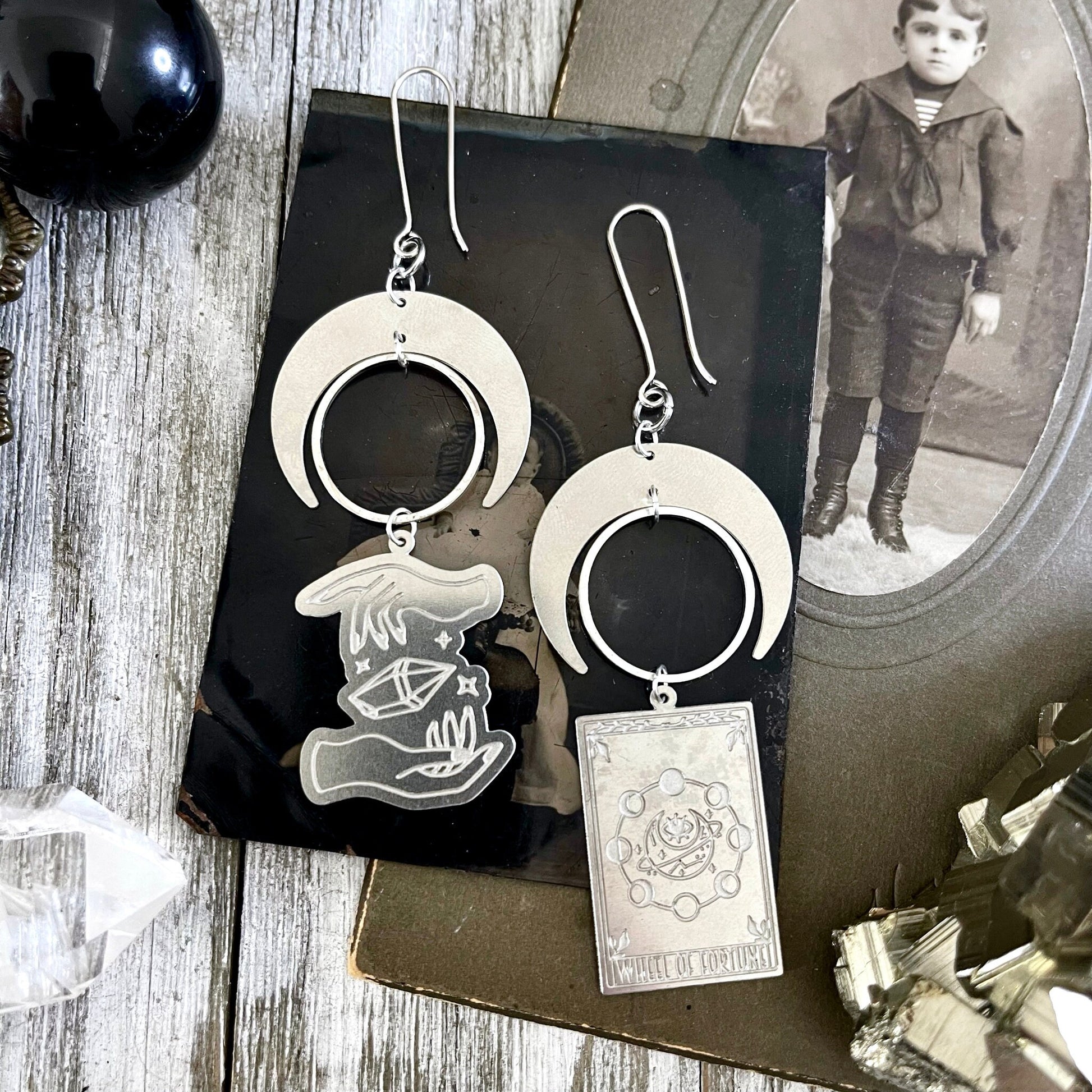 Mismatch Crescent Moon Earrings Witchy Tarot Card Crystal Sterling Silver & Stainless Steel Earrings /  Long Dangly Goth Witch Jewelry.