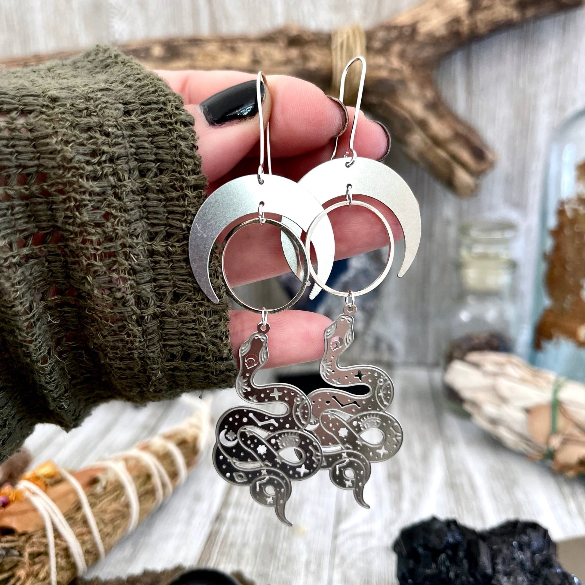 Snake and Moon Earrings Sterling Silver & Stainless Steel Earrings/ Evil Eye Moon Earrings - Long Dangly Geometric Earrings - Foxlark Crystal Jewelry