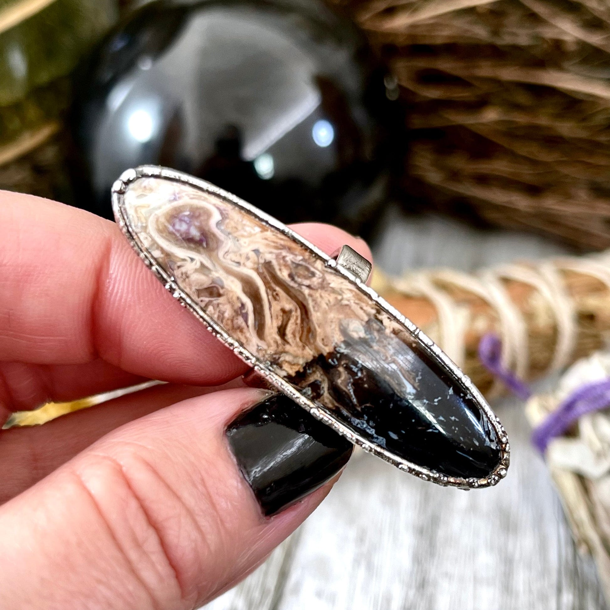 Unique Size 6.5 Large Fossilized Palm Root Statement Ring in Fine Silver / Foxlark Collection - One of a Kind - Foxlark Crystal Jewelry