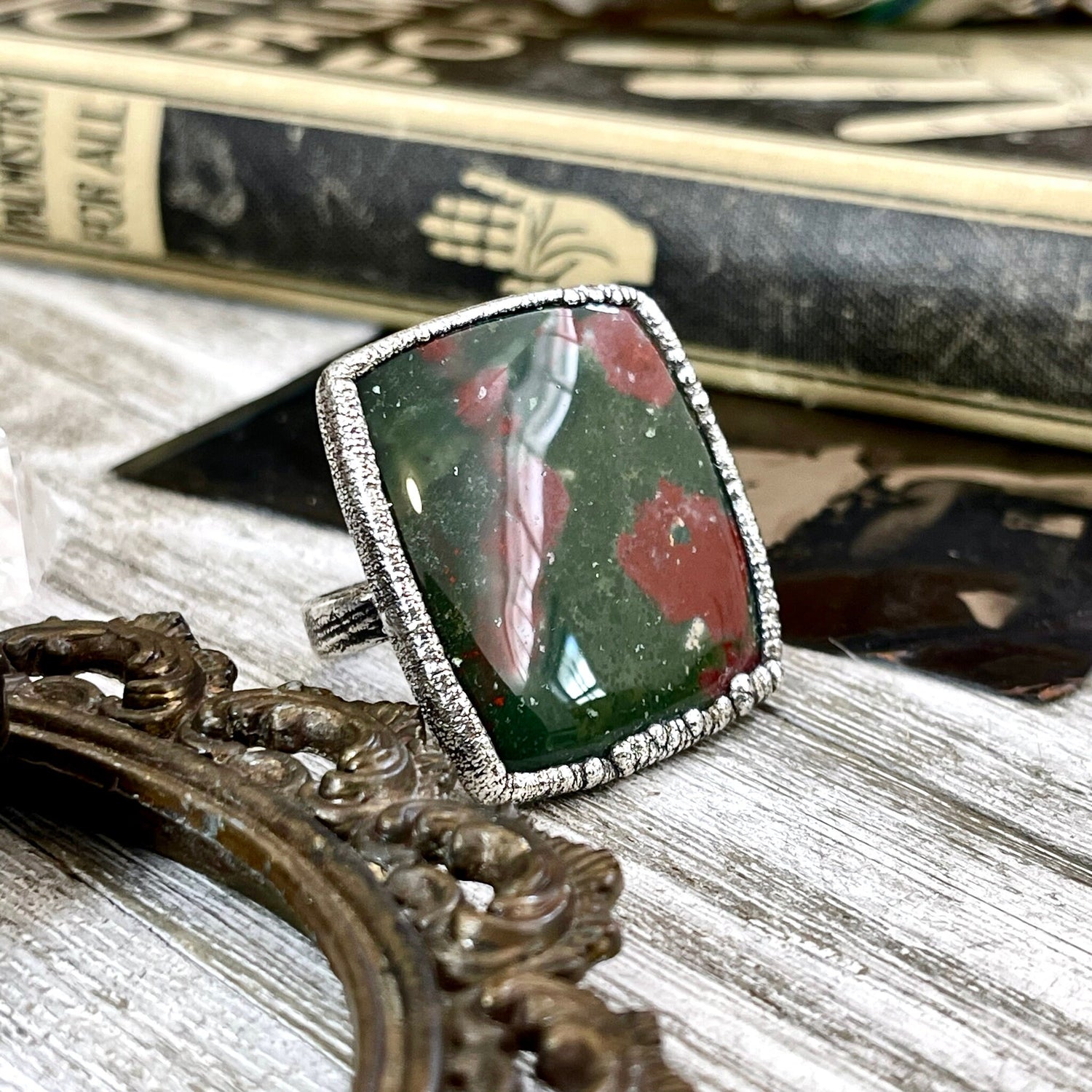 Big Size 11 Natural Bloodstone Statement Ring In Fine Silver / Foxlark Collection - One of a Kind