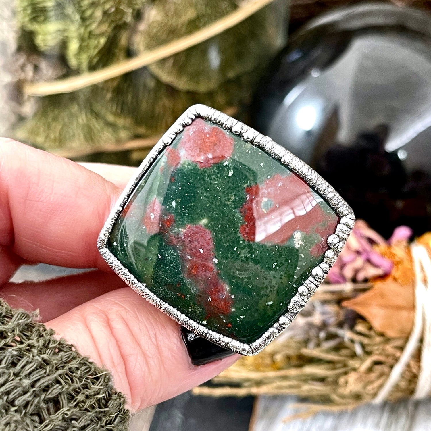 Big Size 11 Natural Bloodstone Statement Ring In Fine Silver / Foxlark Collection - One of a Kind