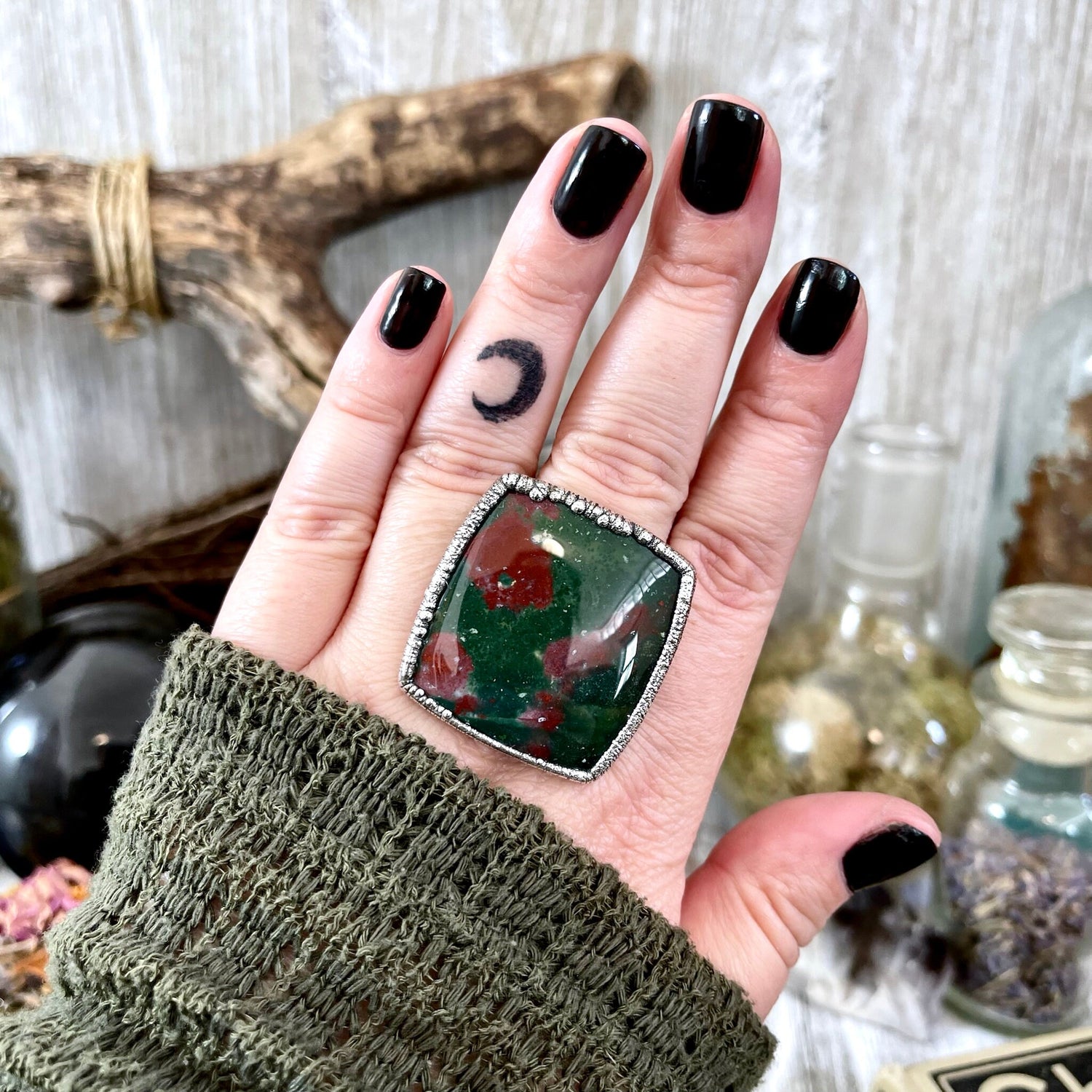 Big Size 11 Natural Bloodstone Statement Ring In Fine Silver / Foxlark Collection - One of a Kind