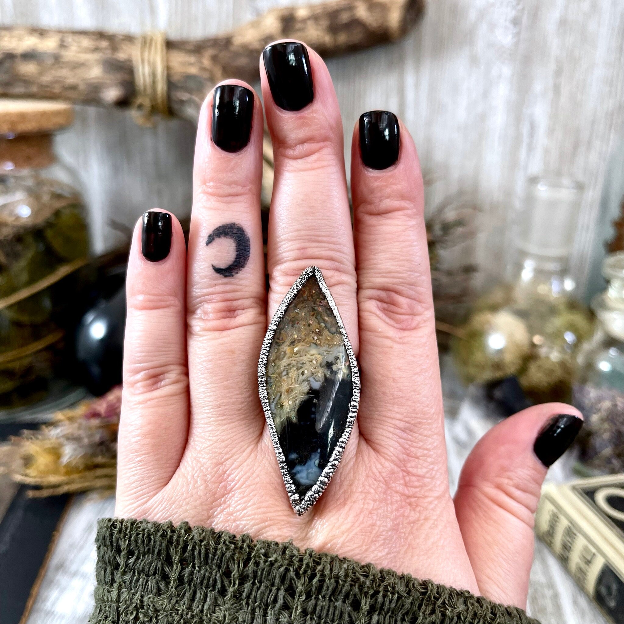 Unique Size 8.5 Large Fossilized Palm Root Statement Ring in Fine Silver Foxlark Collection One of a Kind
