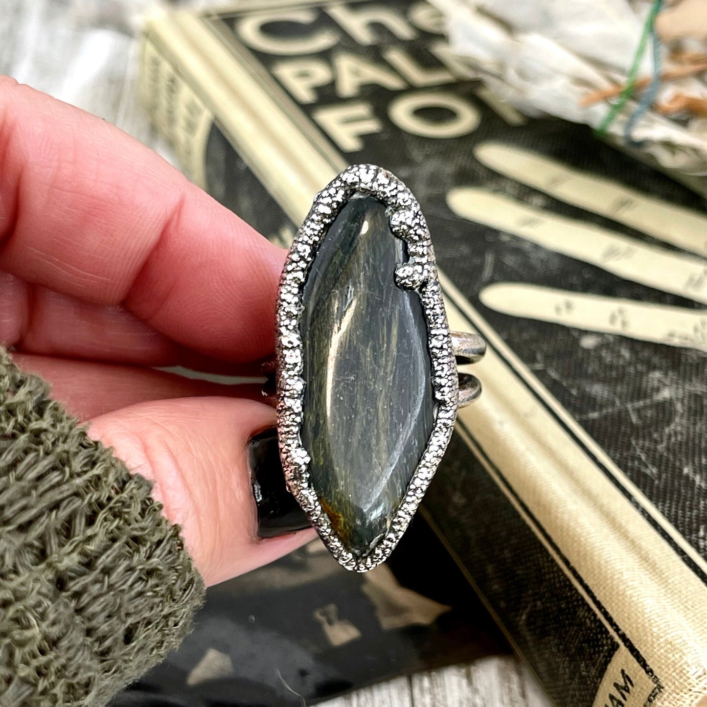 Size 11 Blue Tigers Eye Large Crystal Statement Ring in Fine Silver / Foxlark Collection - One of a Kind