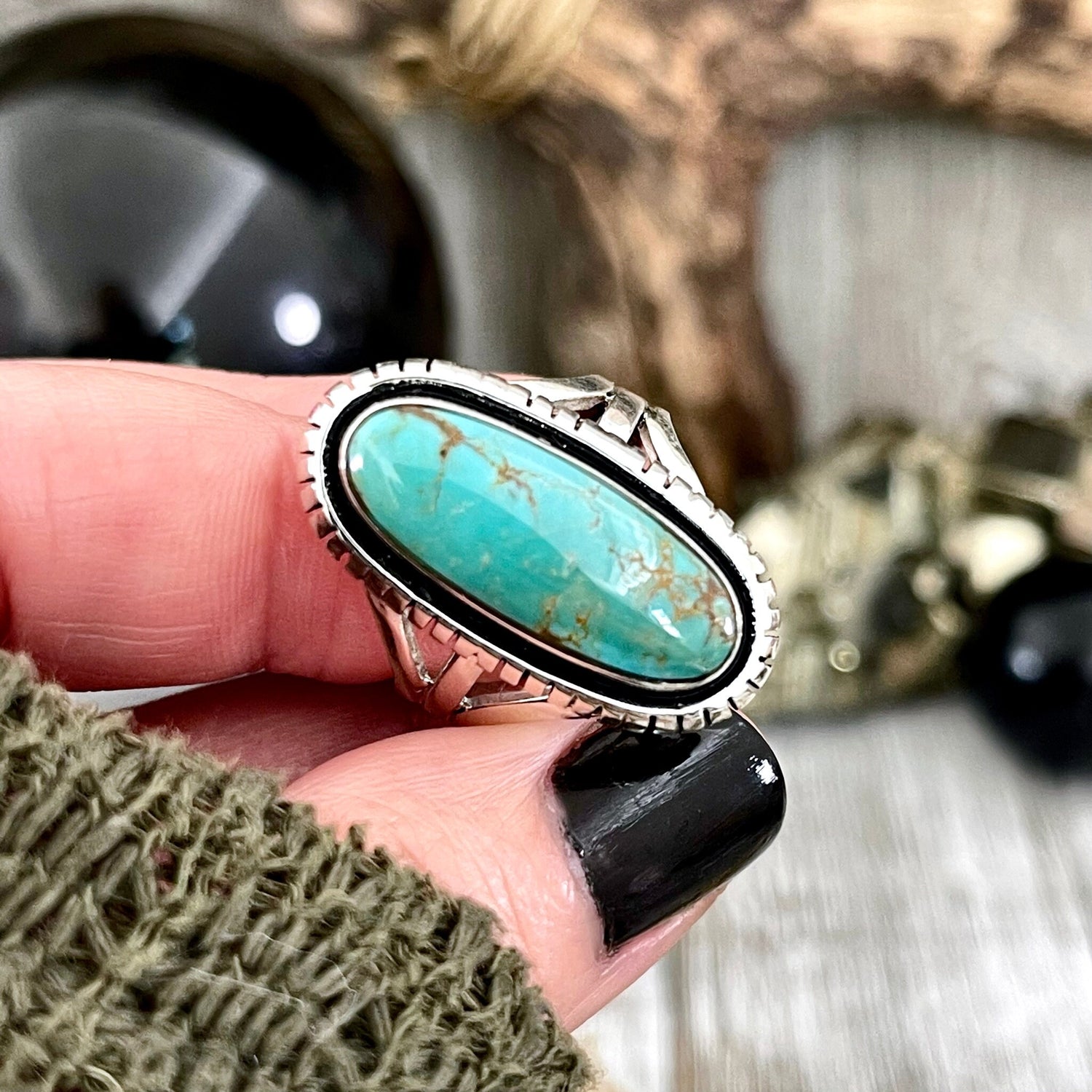 Size 9.5 Kingman Turquoise Statement Ring Set in Thick Sterling Silver / Curated by FOXLARK Collection