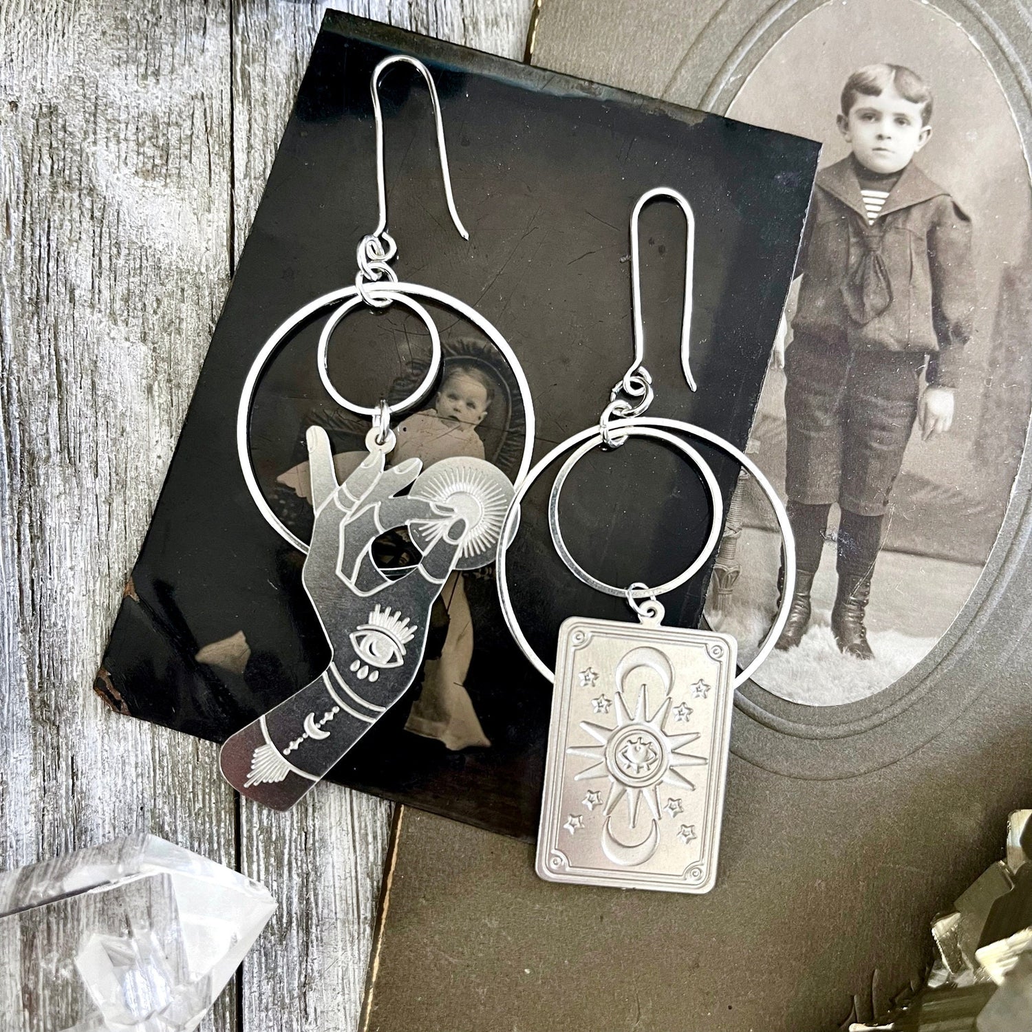 Unique Mismatch Tarot Reader Earrings Sterling Silver & Stainless Steel Earrings/ Evil Eye Moon Earrings - Long Dangly Geometric Earrings