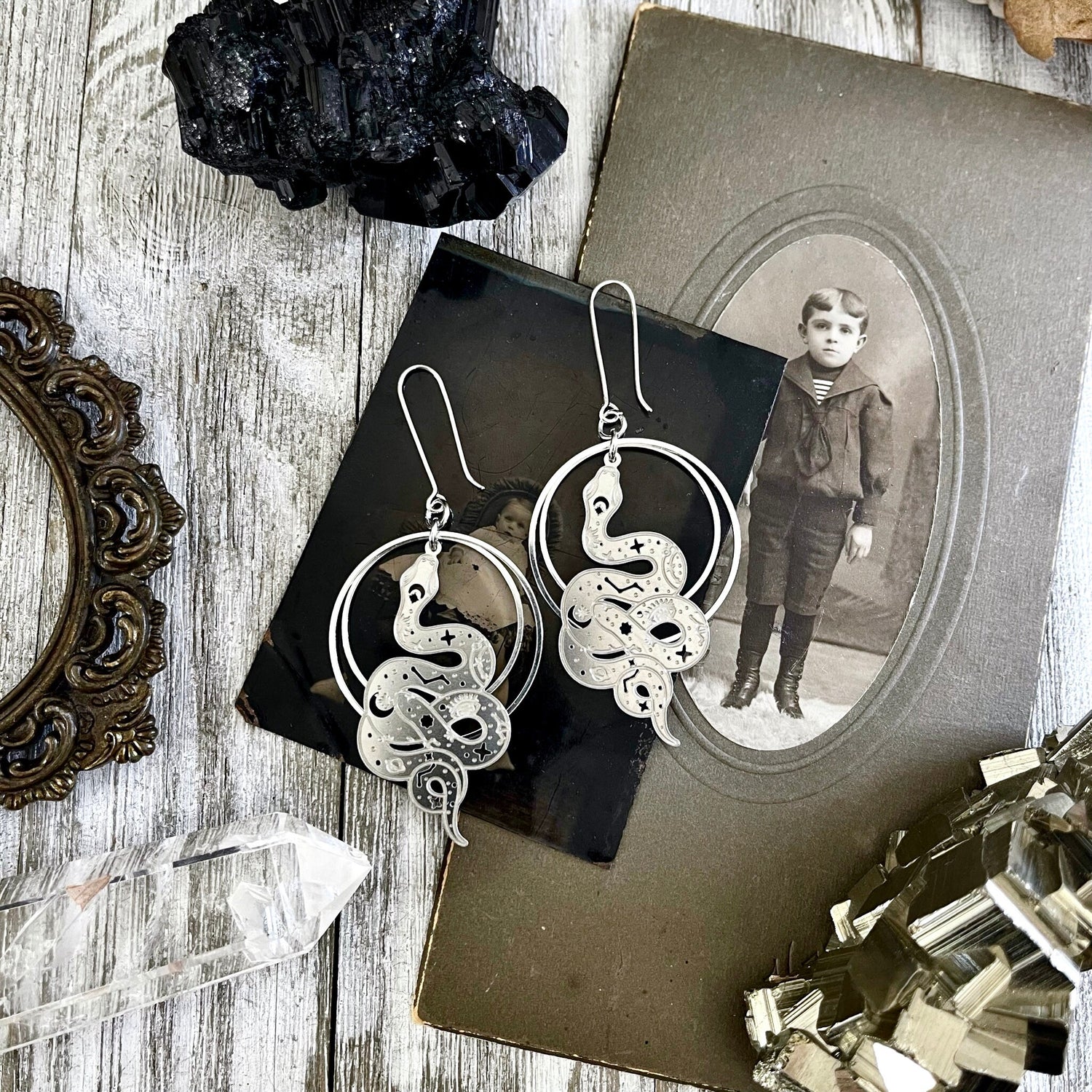 Snake Constellation Earrings Sterling Silver & Stainless Steel Earrings/ Evil Eye Moon Earrings - Long Dangly Geometric Earrings