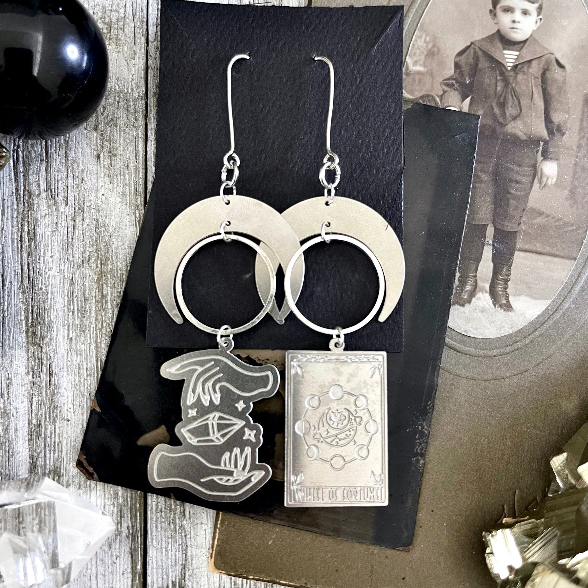 Mismatch Crescent Moon Earrings Witchy Tarot Card Crystal Sterling Silver & Stainless Steel Earrings /  Long Dangly Goth Witch Jewelry.