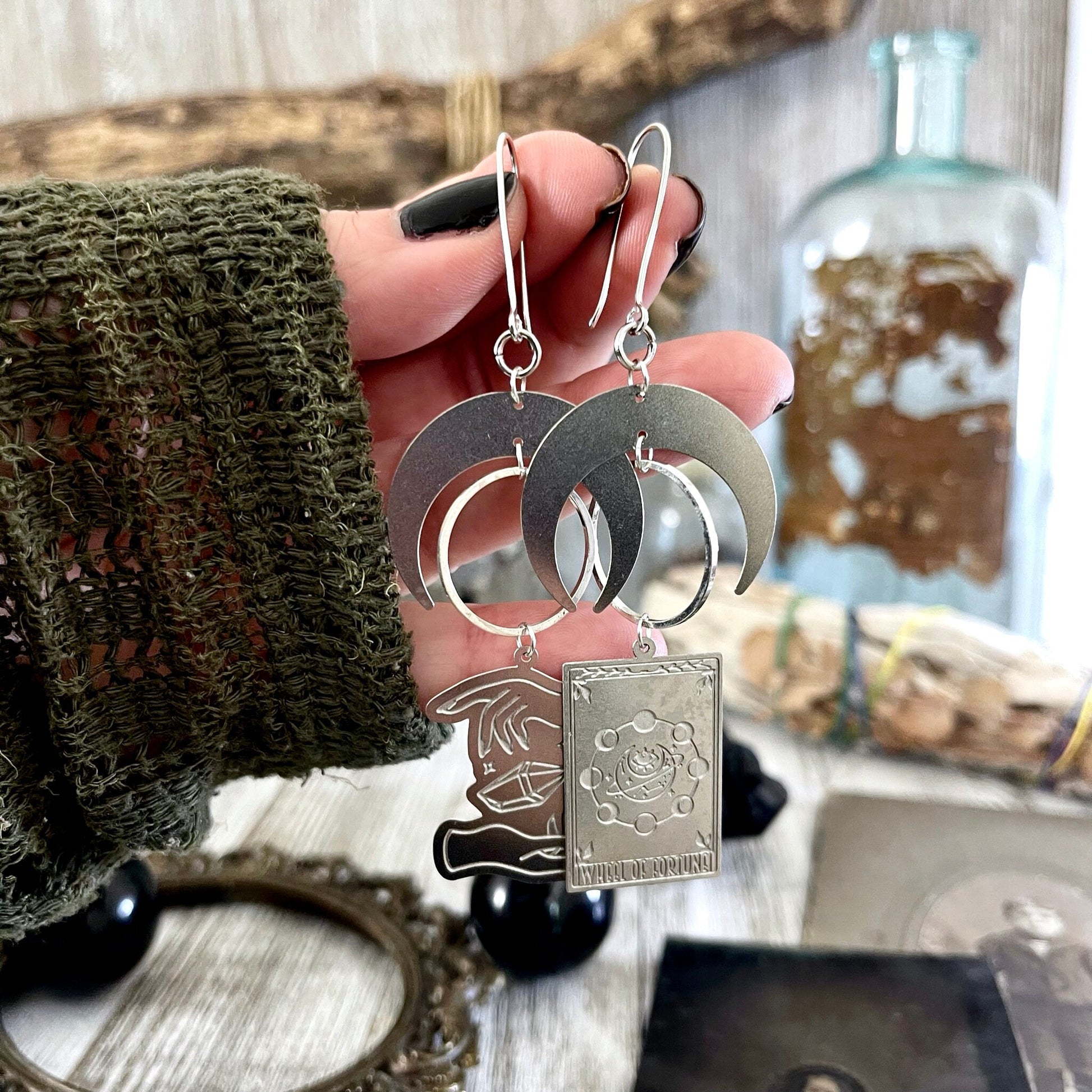 Mismatch Crescent Moon Earrings Witchy Tarot Card Crystal Sterling Silver & Stainless Steel Earrings /  Long Dangly Goth Witch Jewelry.