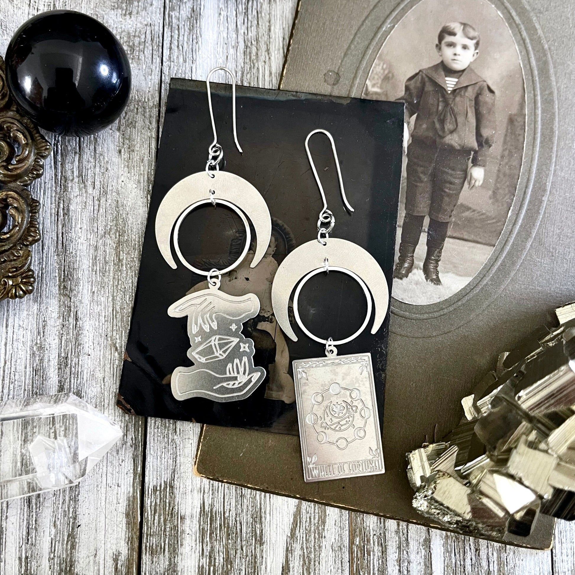 Mismatch Crescent Moon Earrings Witchy Tarot Card Crystal Sterling Silver & Stainless Steel Earrings /  Long Dangly Goth Witch Jewelry.