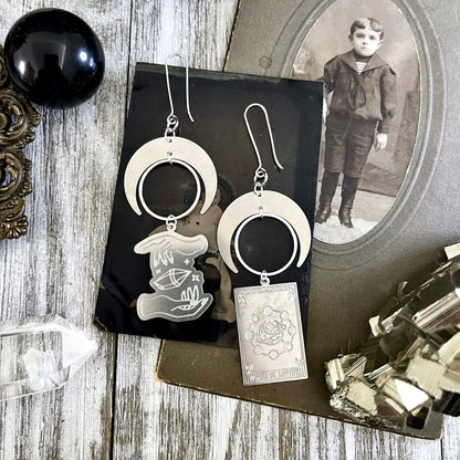 Mismatch Crescent Moon Earrings Witchy Tarot Card Crystal Sterling Silver & Stainless Steel Earrings /  Long Dangly Goth Witch Jewelry.