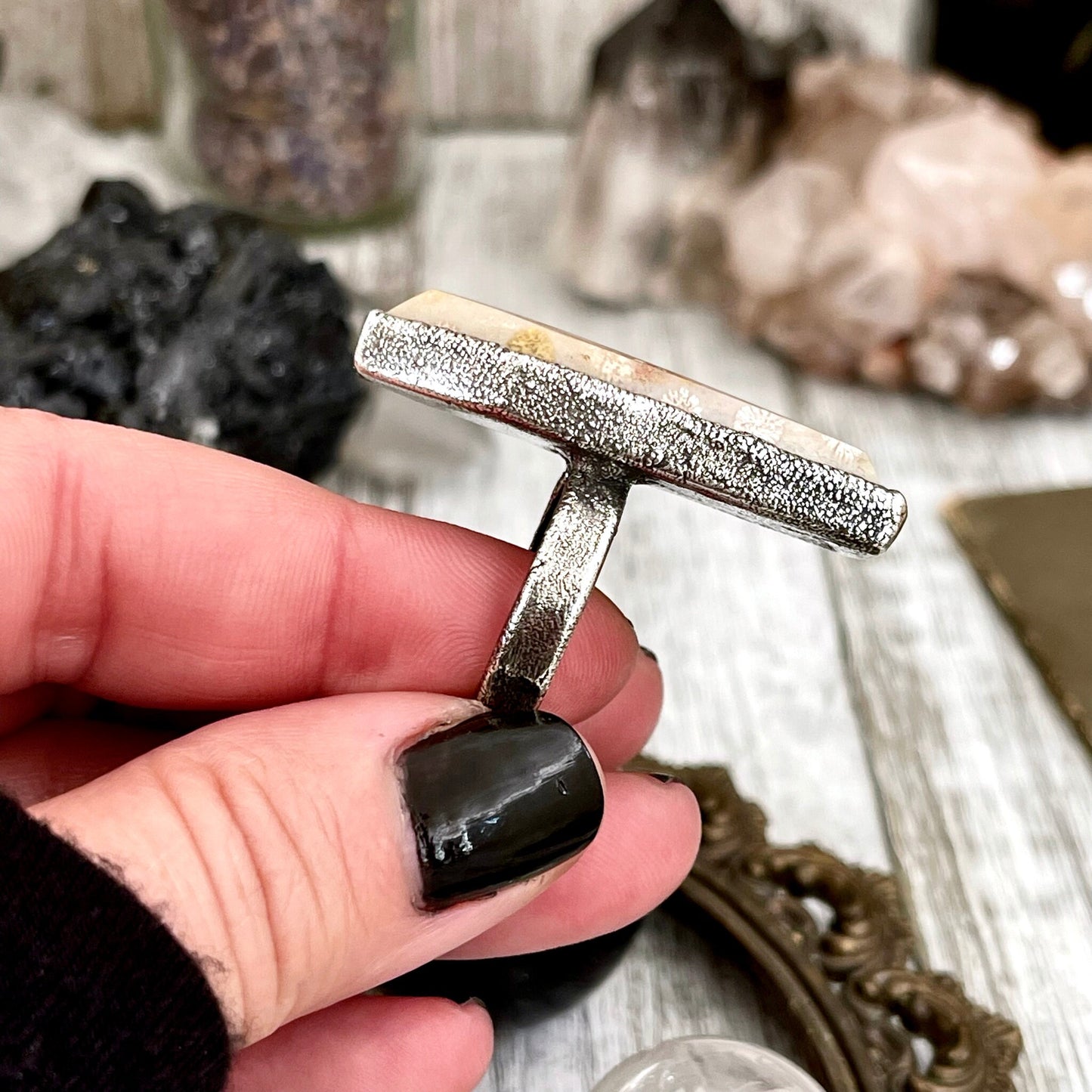 Coffin Jewelry, Etsy ID: 1425213398, Festival Jewelry, Fossilized Coral, Fossilized Palm Root, FOXLARK- RINGS, Gemstone Ring, Gothic Jewelry, Halloween Jewelry, Healing Crystal, Jewelry, Ring For Woman, Rings, Silver Coffin Ring, silver crystal ring, Silv