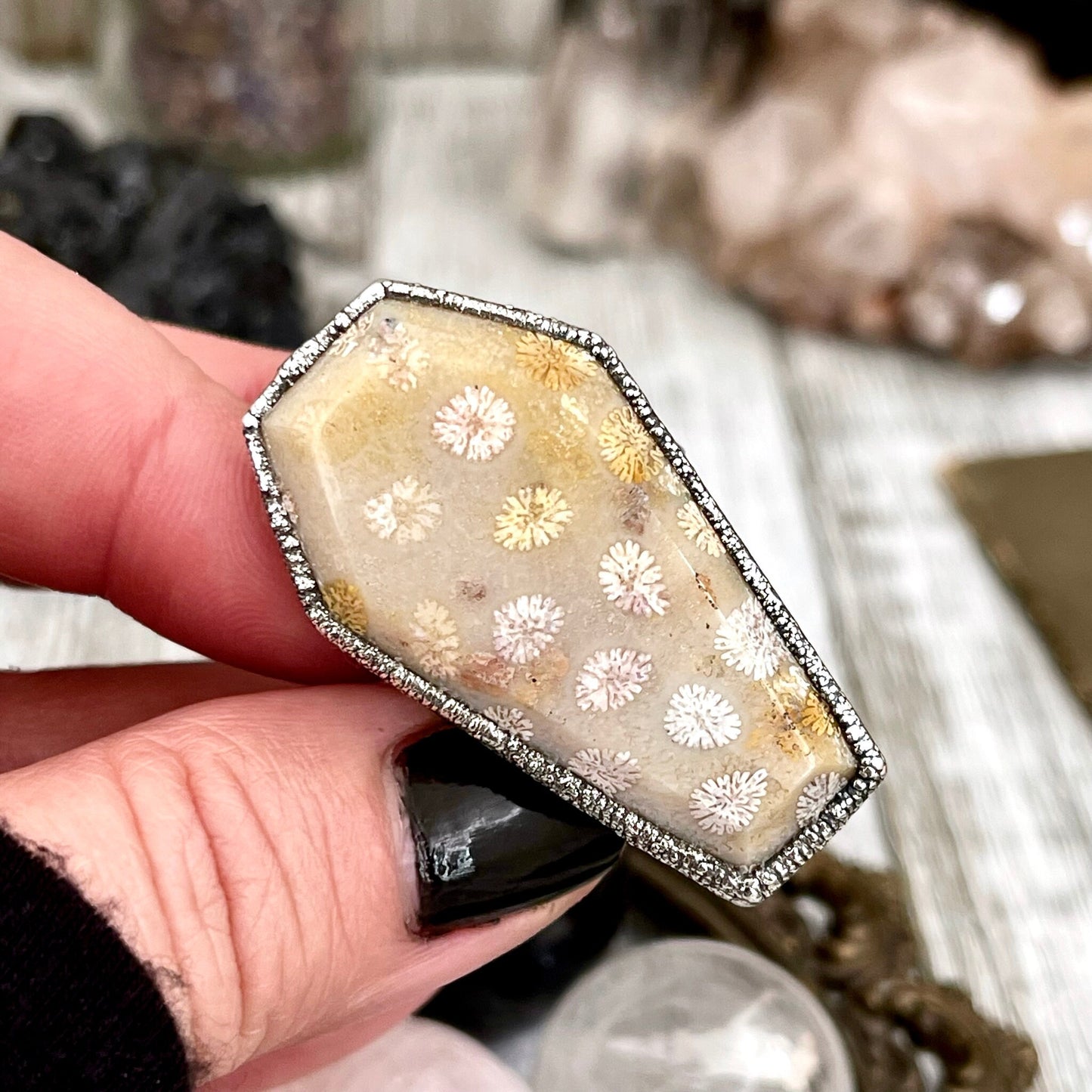 Coffin Jewelry, Etsy ID: 1425213398, Festival Jewelry, Fossilized Coral, Fossilized Palm Root, FOXLARK- RINGS, Gemstone Ring, Gothic Jewelry, Halloween Jewelry, Healing Crystal, Jewelry, Ring For Woman, Rings, Silver Coffin Ring, silver crystal ring, Silv