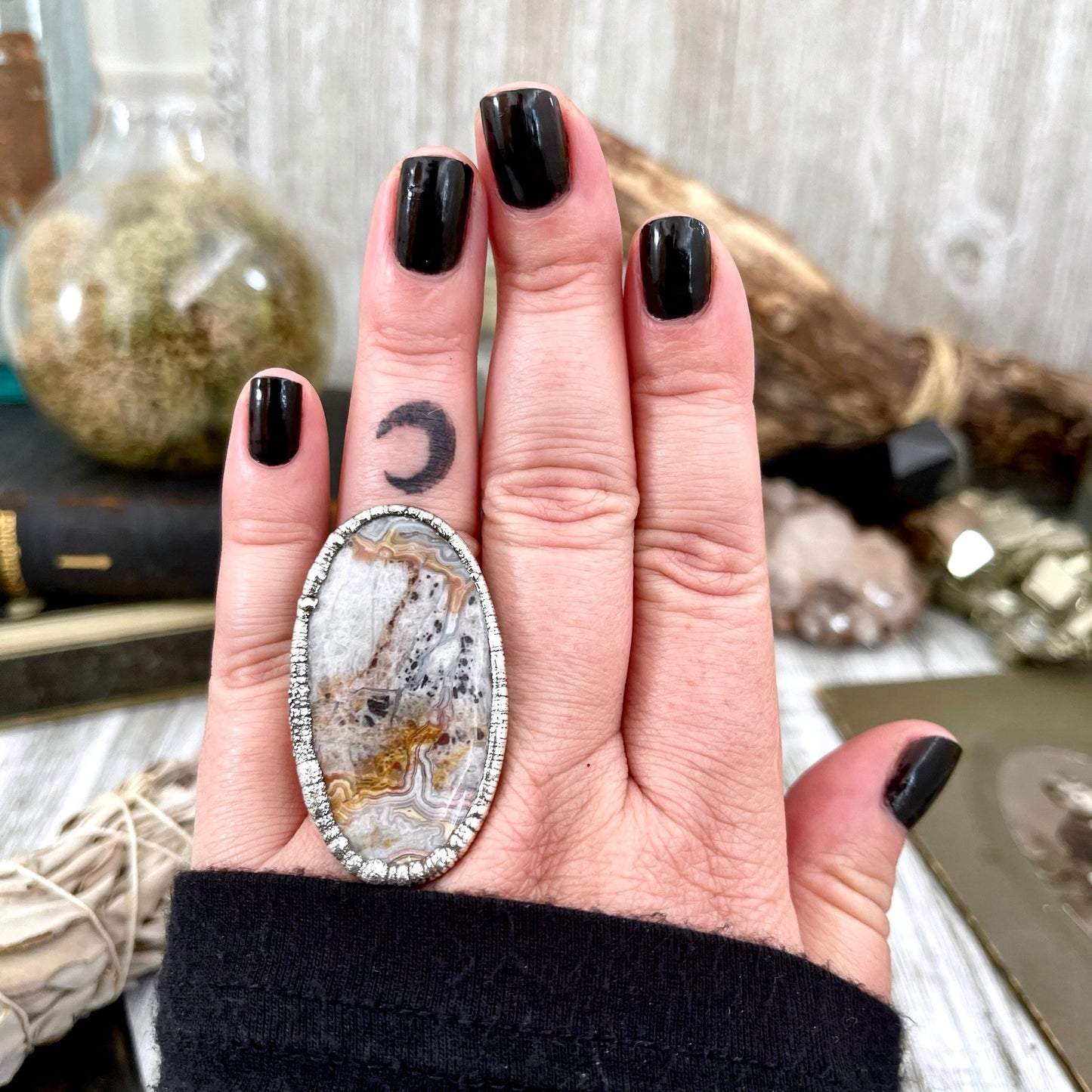 Size 7.5 Silver Natural Fancy Lace Agate Crystal Statement Ring / Foxlark Collection - One of a Kind