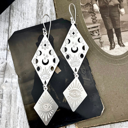 Moon Phases and All Seeing Eye Earrings Sterling Silver & Stainless Steel Earrings /  Long Dangly Witchy Earrings.