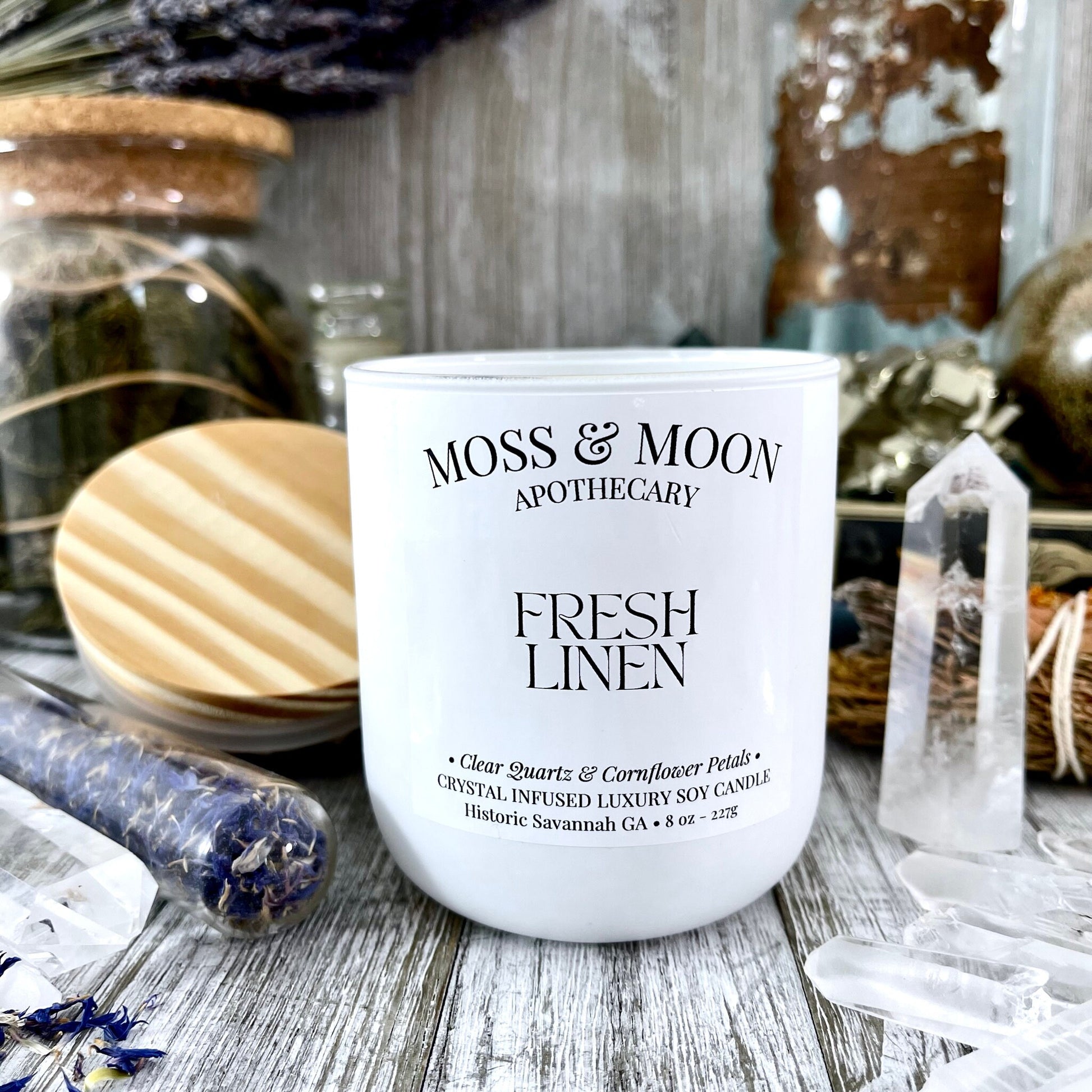 Fresh Linen Candle with Clear Quartz and Cornflower Petals - Moss & Moon Apothecary Luxury Soy Crystal Candle - Foxlark Crystal Jewelry