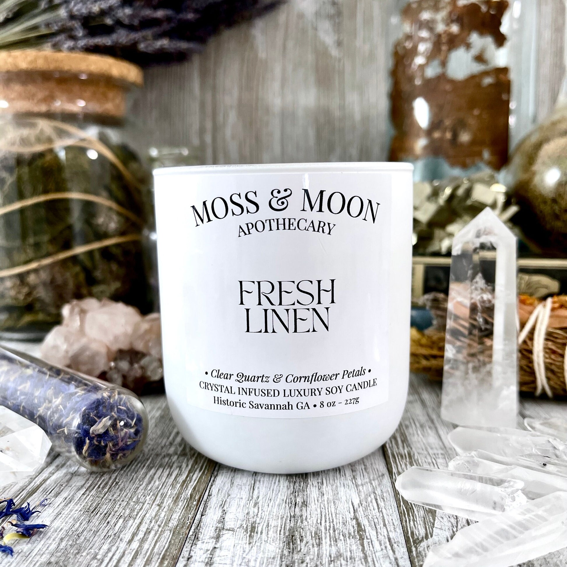 Fresh Linen Candle with Clear Quartz and Cornflower Petals - Moss & Moon Apothecary Luxury Soy Crystal Candle - Foxlark Crystal Jewelry