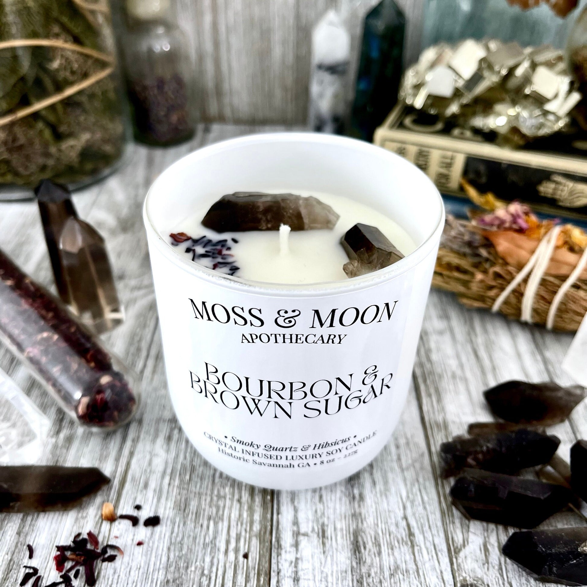 Bourbon and Brown Sugar Candle with Raw Smoky Quartz - Moss & Moon Apothecary Luxury Soy Crystal Candle - Foxlark Crystal Jewelry
