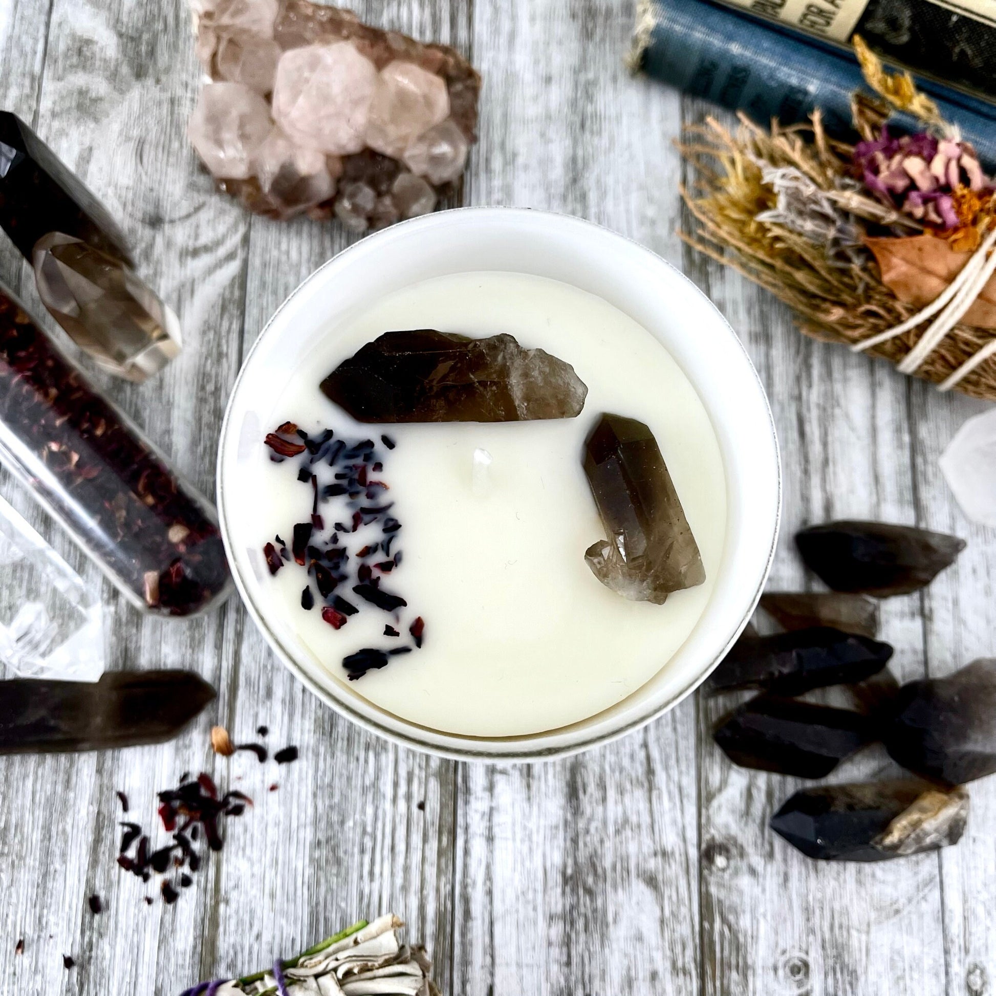 Bourbon and Brown Sugar Candle with Raw Smoky Quartz - Moss & Moon Apothecary Luxury Soy Crystal Candle - Foxlark Crystal Jewelry