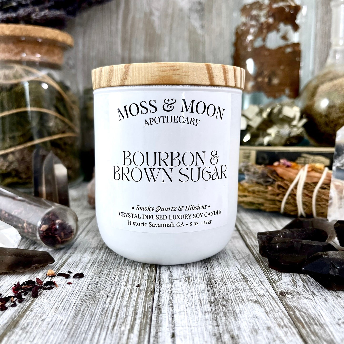 Bourbon and Brown Sugar Candle with Raw Smoky Quartz - Moss & Moon Apothecary Luxury Soy Crystal Candle - Foxlark Crystal Jewelry