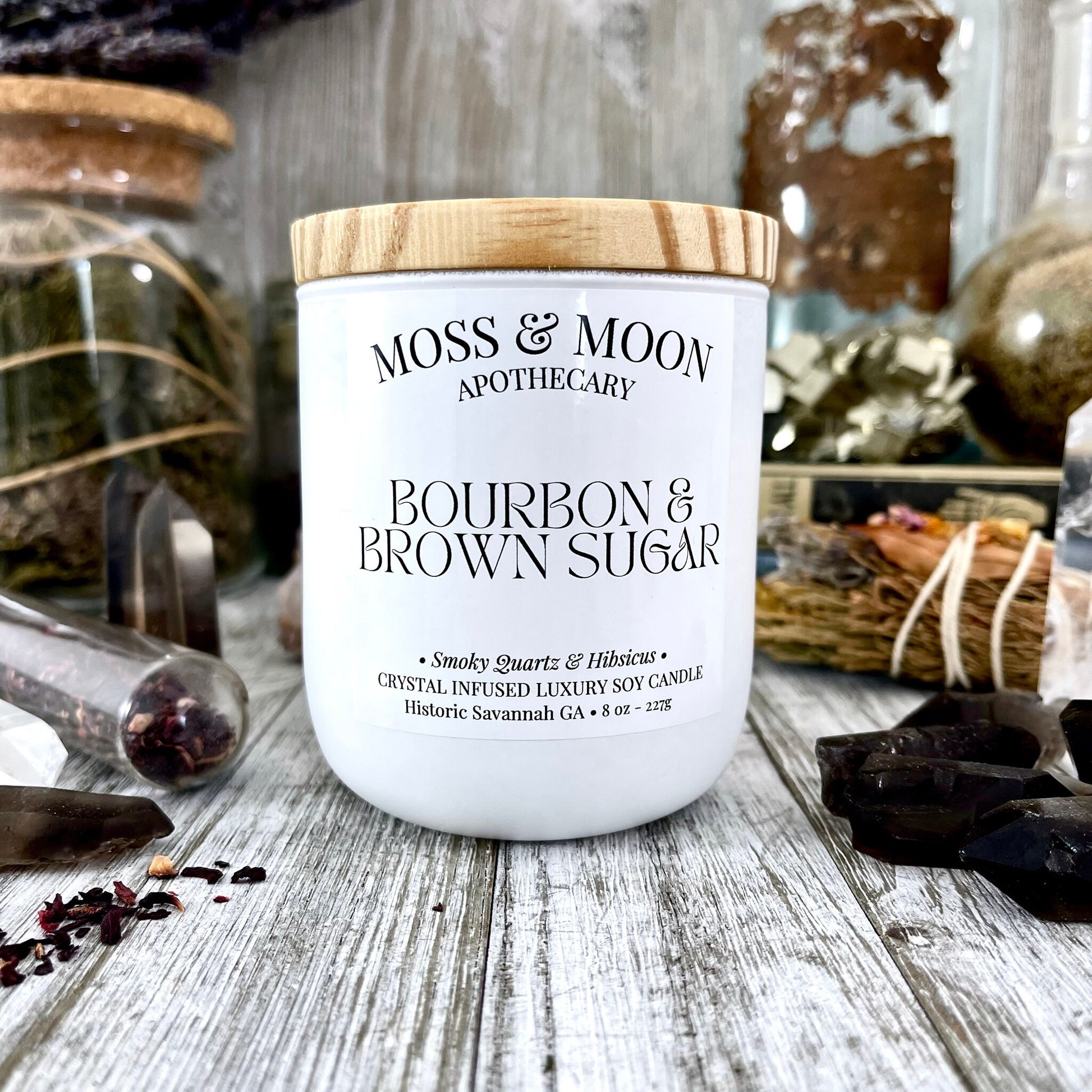 Bourbon and Brown Sugar Candle with Raw Smoky Quartz - Moss & Moon Apothecary Luxury Soy Crystal Candle - Foxlark Crystal Jewelry