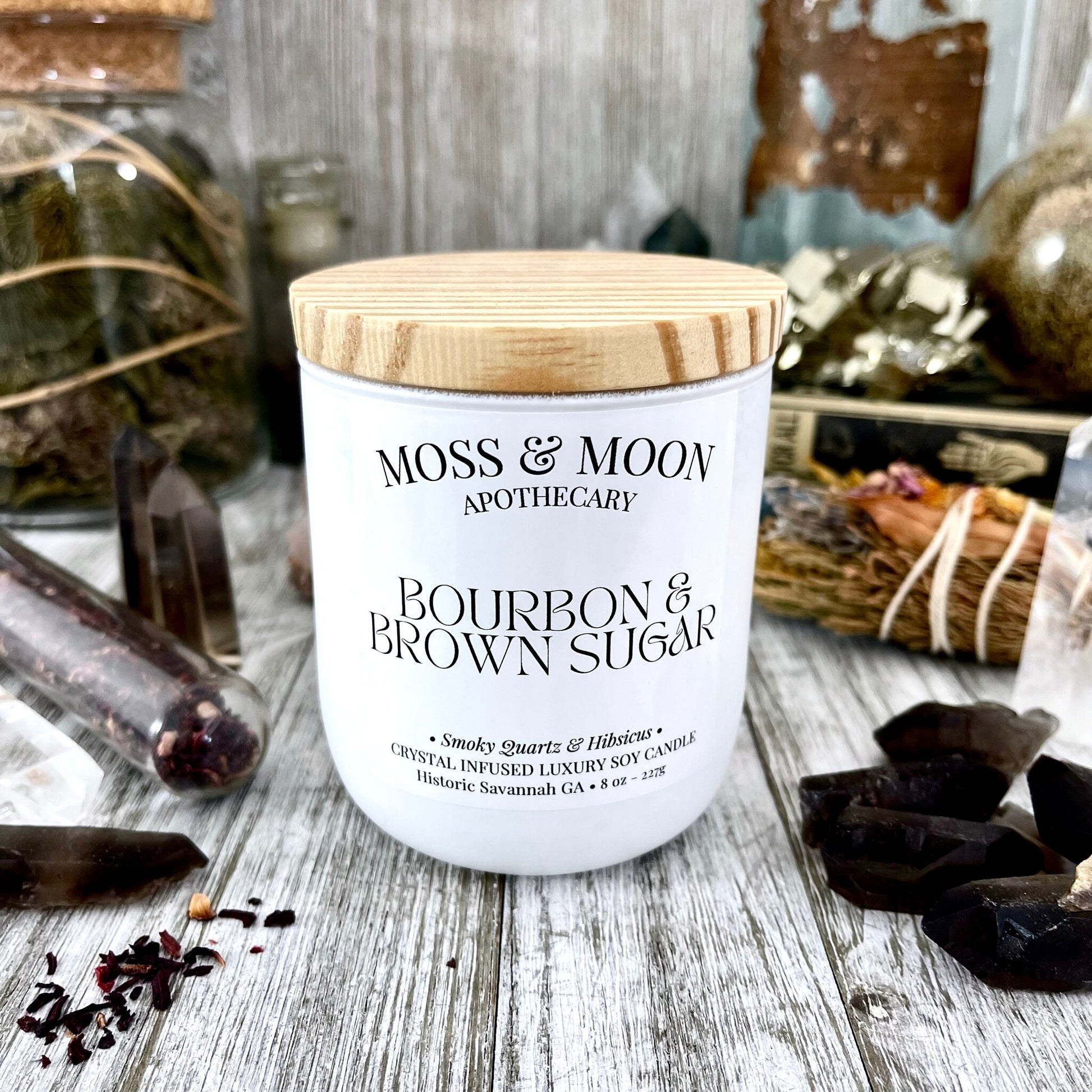 Bourbon and Brown Sugar Candle with Raw Smoky Quartz - Moss & Moon Apothecary Luxury Soy Crystal Candle - Foxlark Crystal Jewelry